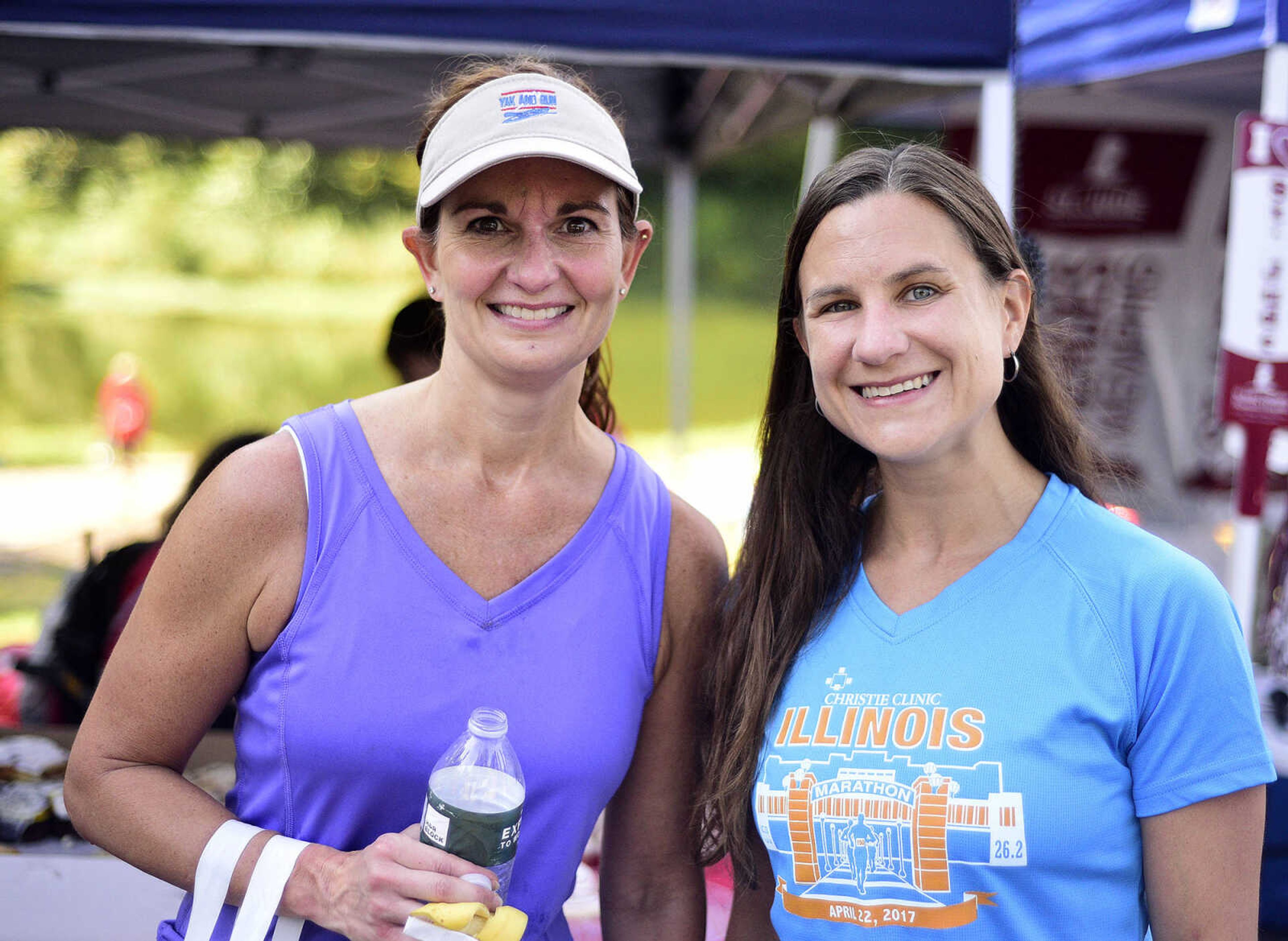 Rhonda Windeknecht, left, and Susan Tomlin pose for a photo during the first ever St. Jude Heroes Yak 'n Run on Saturday, Aug. 26, 2017, at Trail of Tears State Park. All proceeds from the event support St. Jude Children's Research Hospital