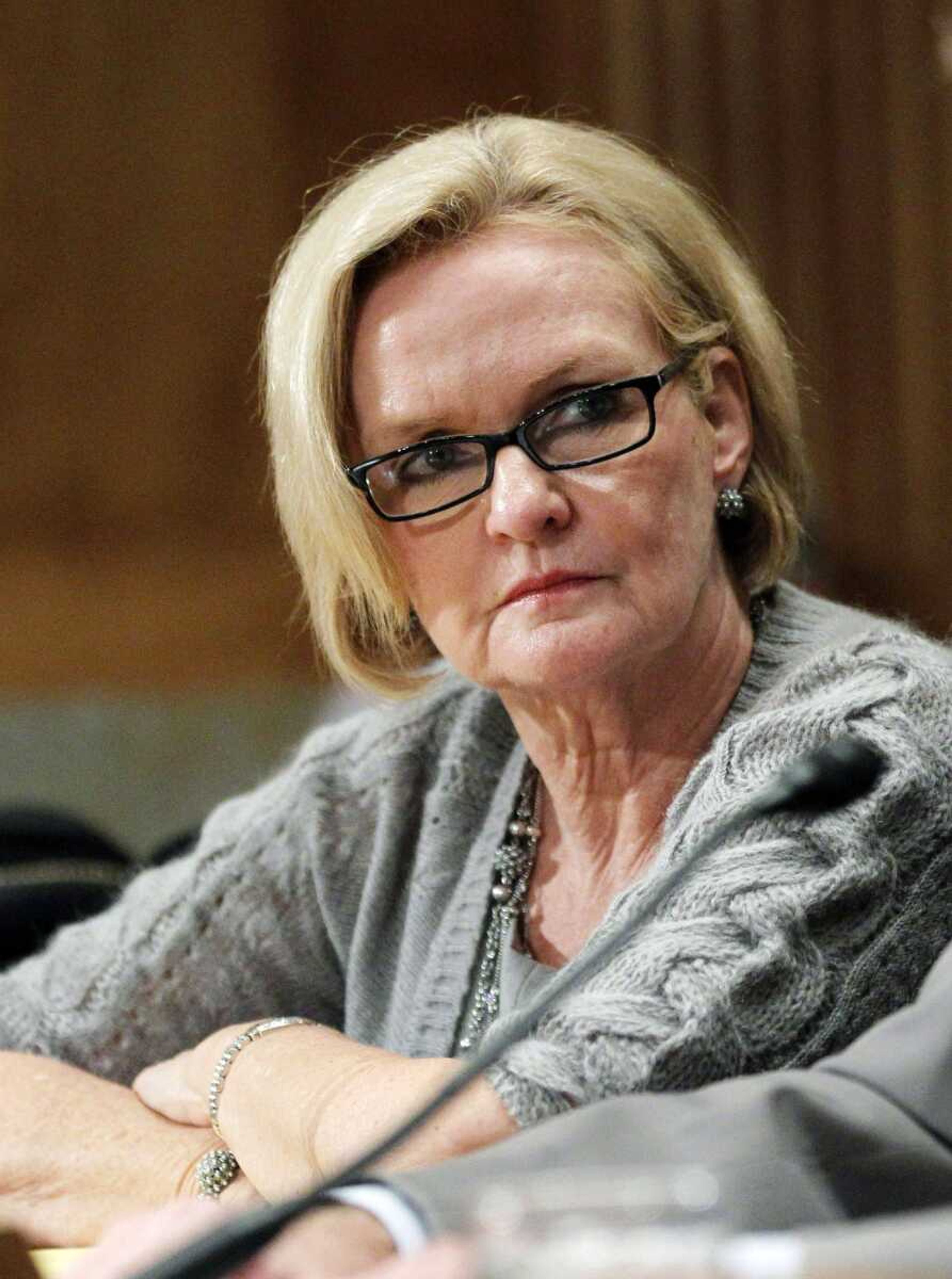 FILE - In this Sept. 21, 2011 file photo, Sen. Claire McCaskill, D-Mo. is seen on Capitol Hill in Washington. The senator grilled the nominee to head the U.S. Army Corps of Engineers concerning the Birds Point levee at a committee hearing Thursday.. (AP Photo Manuel Balce Ceneta, File)