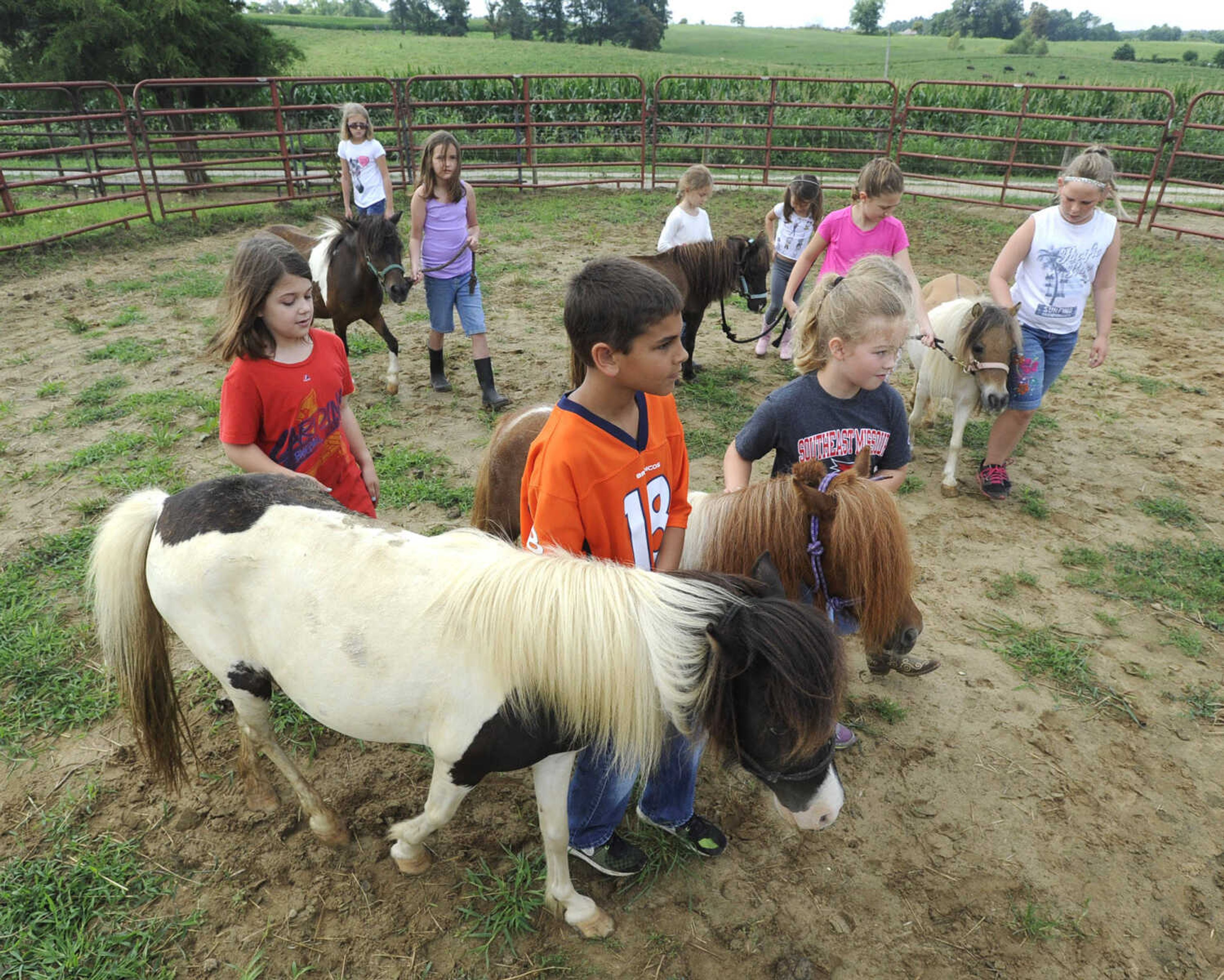 Campers round up the horses to take to the barn at a horseback riding camp Monday, July 6, 2015 at Rolling Hills Farm west of Cape Girardeau.