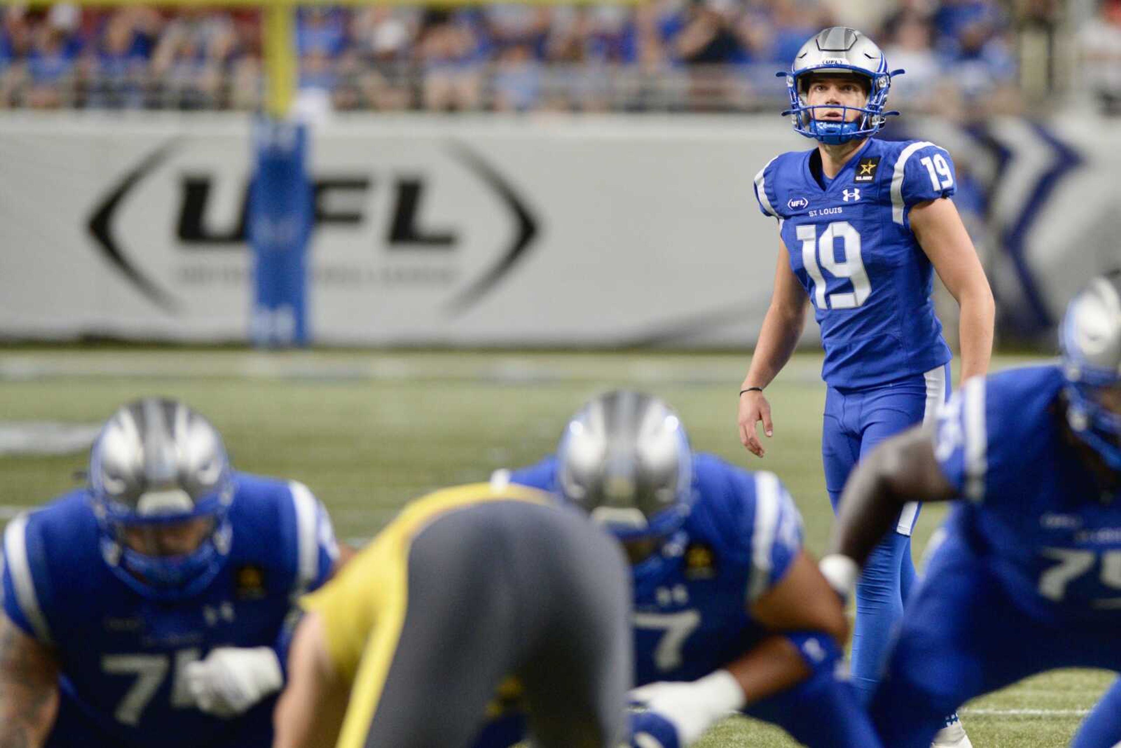 St. Louis Battlehawks kicker Andre Szmyt prepares to kick a field goal during a UFL game against the San Antonio Brahmas on Saturday, June 1, in St. Louis.