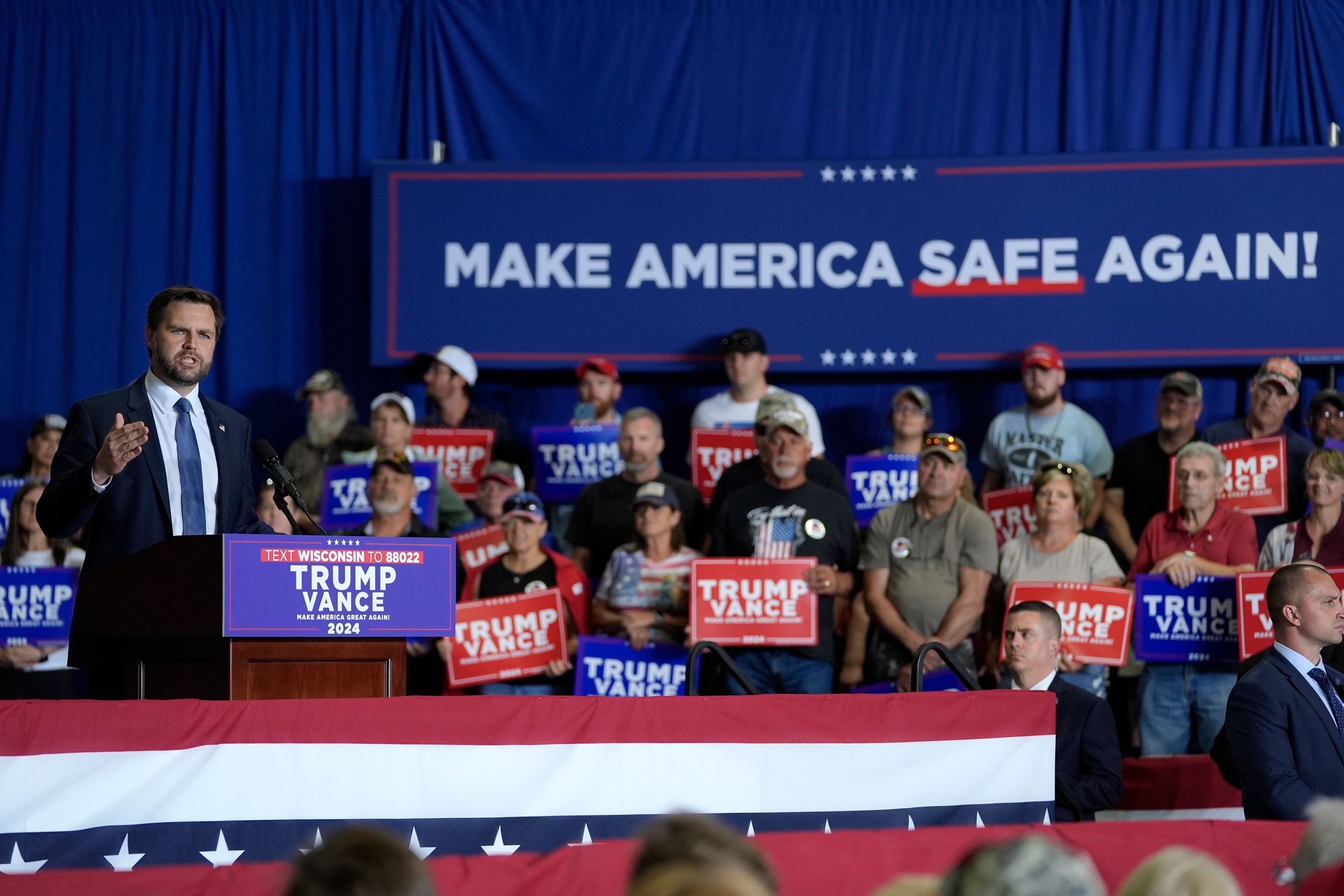 Republican vice presidential nominee Sen. JD Vance, R-Ohio, speaks at a campaign event, Tuesday, Sept. 17, 2024 in Eau Claire, Wis. (AP Photo/Abbie Parr)