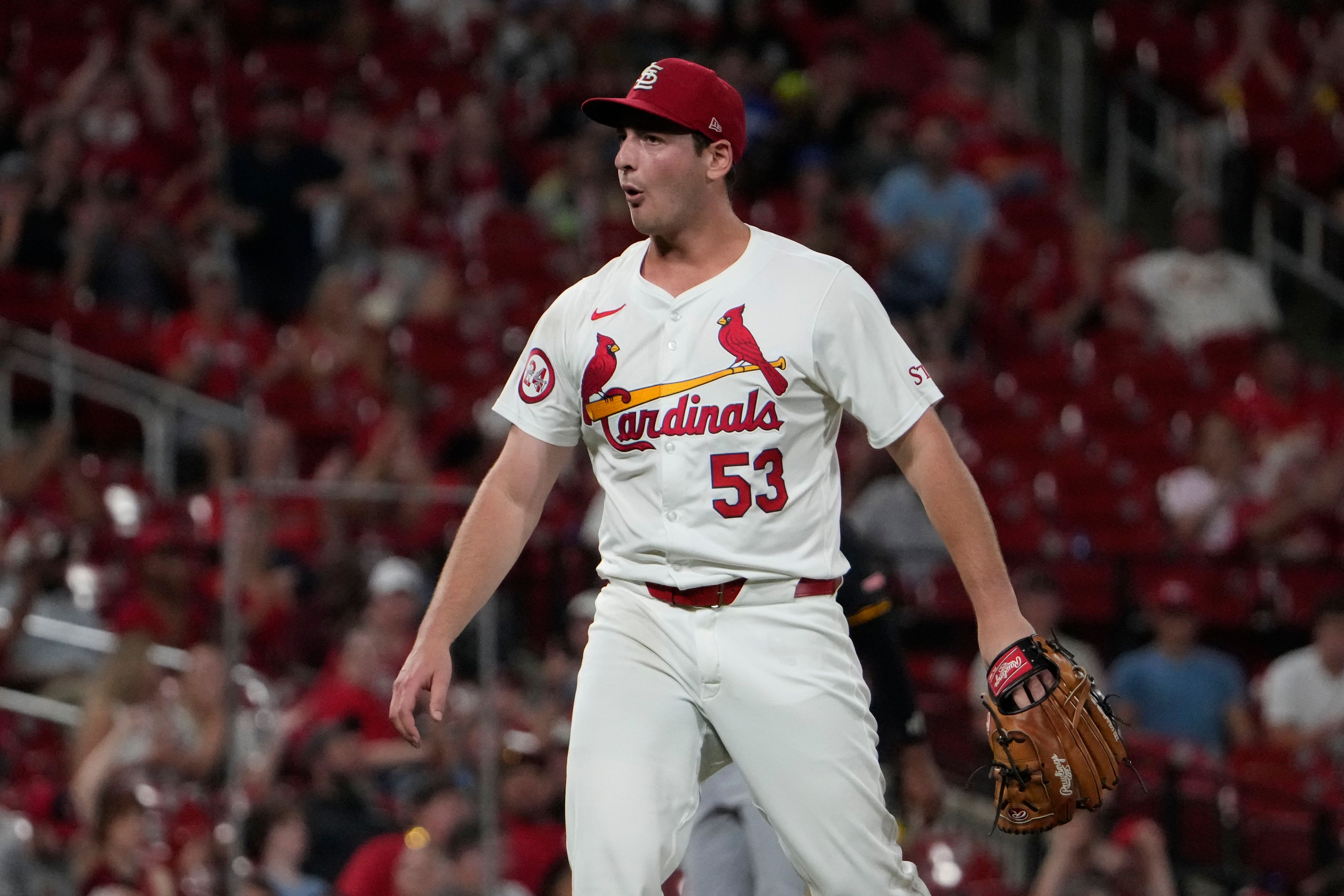 St. Louis Cardinals starting pitcher Andre Pallante celebrates after striking out Pittsburgh Pirates' Jared Triolo to end the top of the seventh inning of a baseball game Monday, Sept. 16, 2024, in St. Louis. (AP Photo/Jeff Roberson)