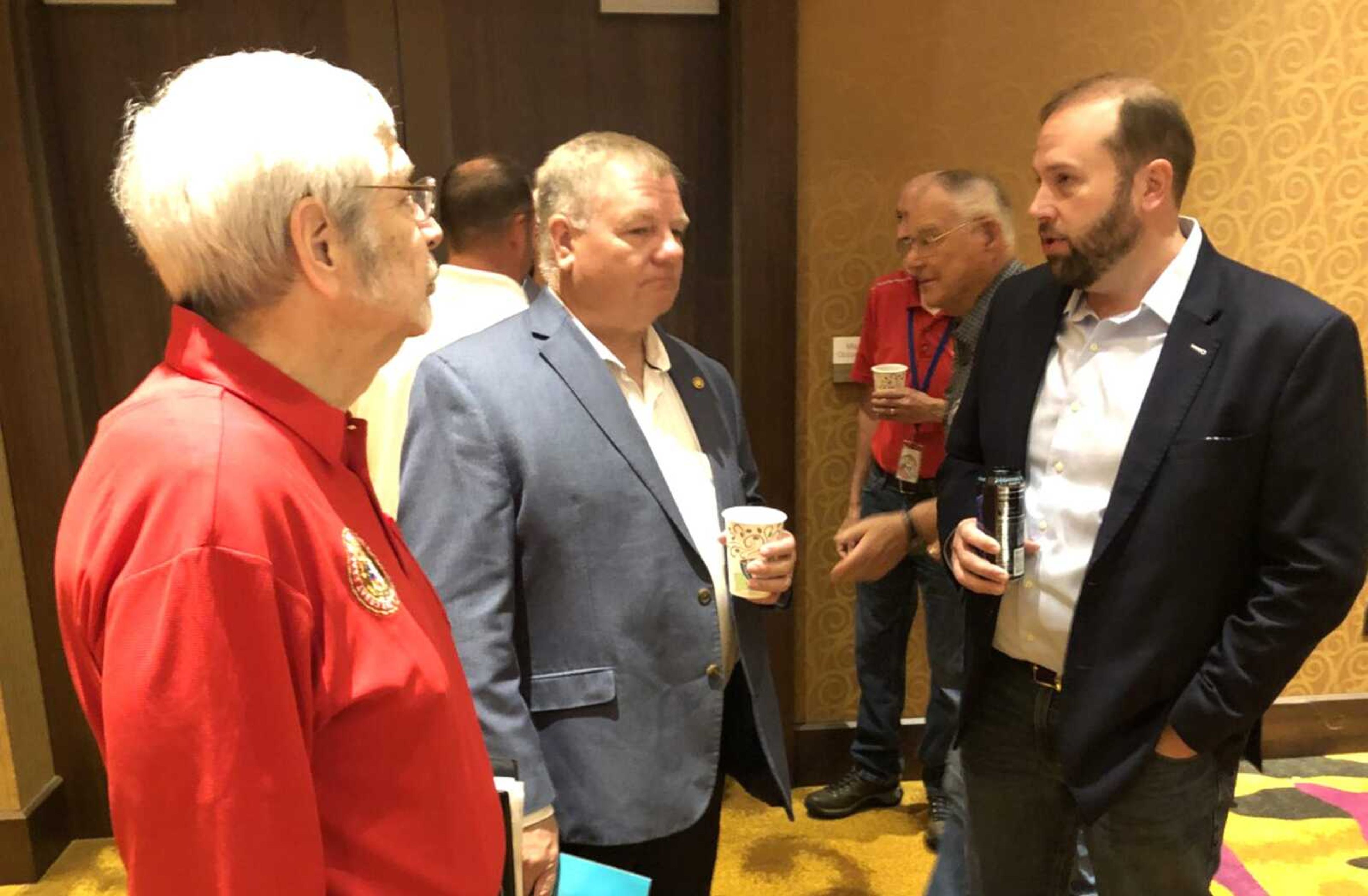 U.S. Rep. Jason Smith, right, discusses legislative developments with 147th District state Rep. Wayne Wallingford, left, and 146th District state Rep. Barry Hovis at the Cape Girardeau Area Chamber of Commerce First Friday Coffee at the Century Casino Event Center. Smith is considering a run for the U.S. Senate, but said he has "plenty of time" to announce his candidacy should he decide to seek the seat now held by Sen. Roy Blunt.