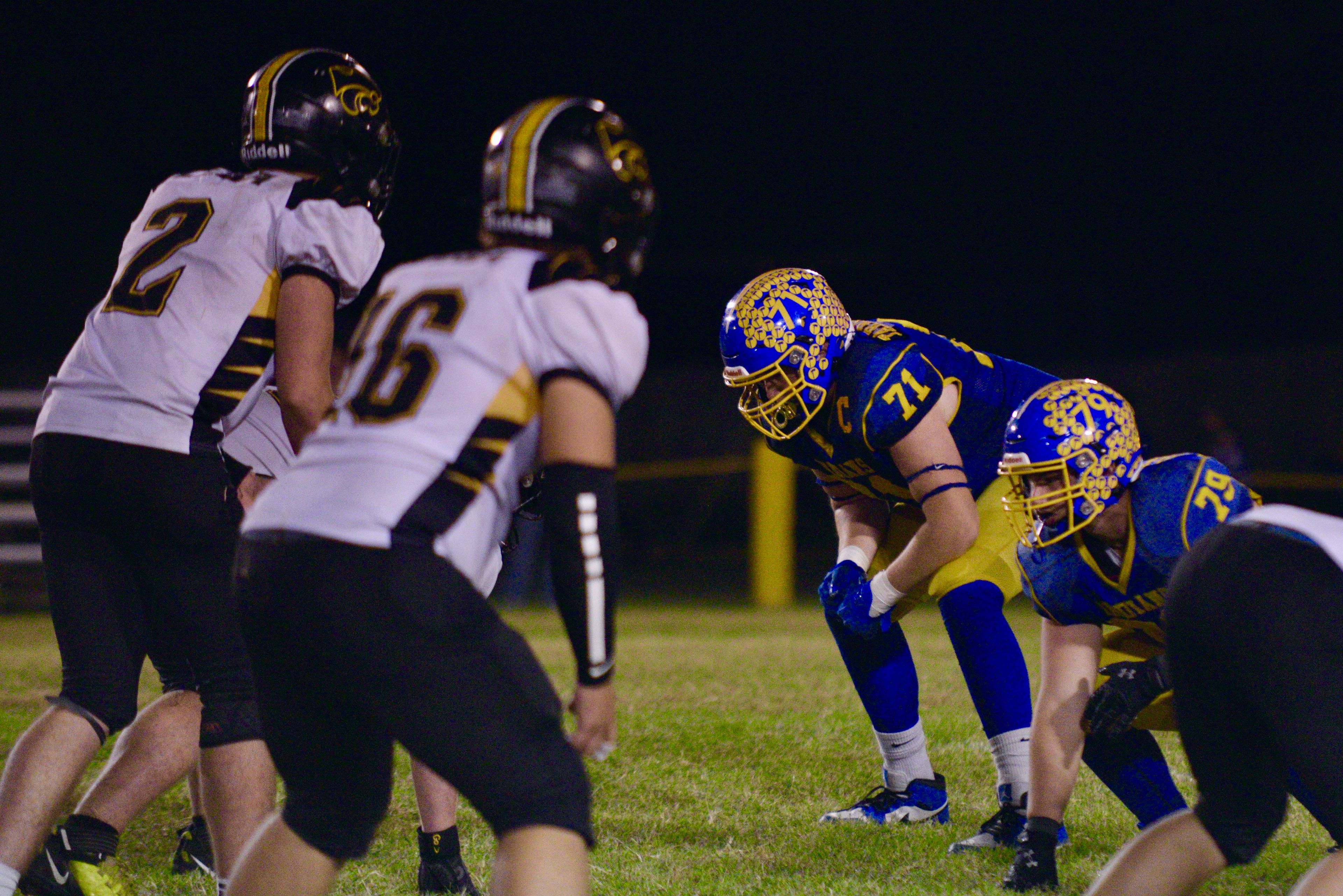 St. Vincent offensive linemen Boston Tarrillion and Austin Slyster gets in position before a play in a game against Cuba on Friday, Oct. 11, in Perryville. 