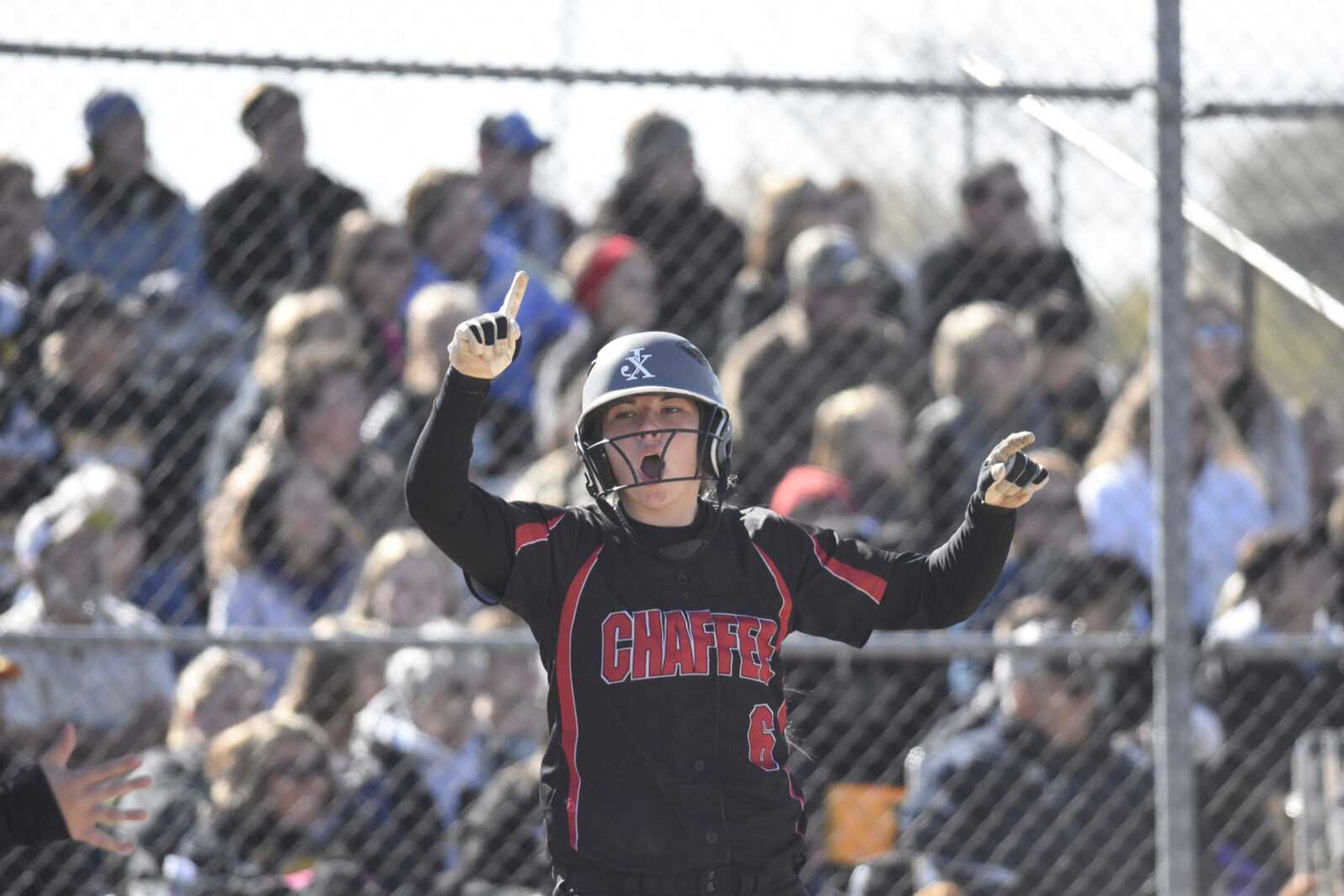 Chaffee senior Julia Sutterfield celebrates after scoring a run in the second inning of a Class 1 quarterfinal against Van-Far on Saturday in Vandalia, Missouri. (Ben Striker)