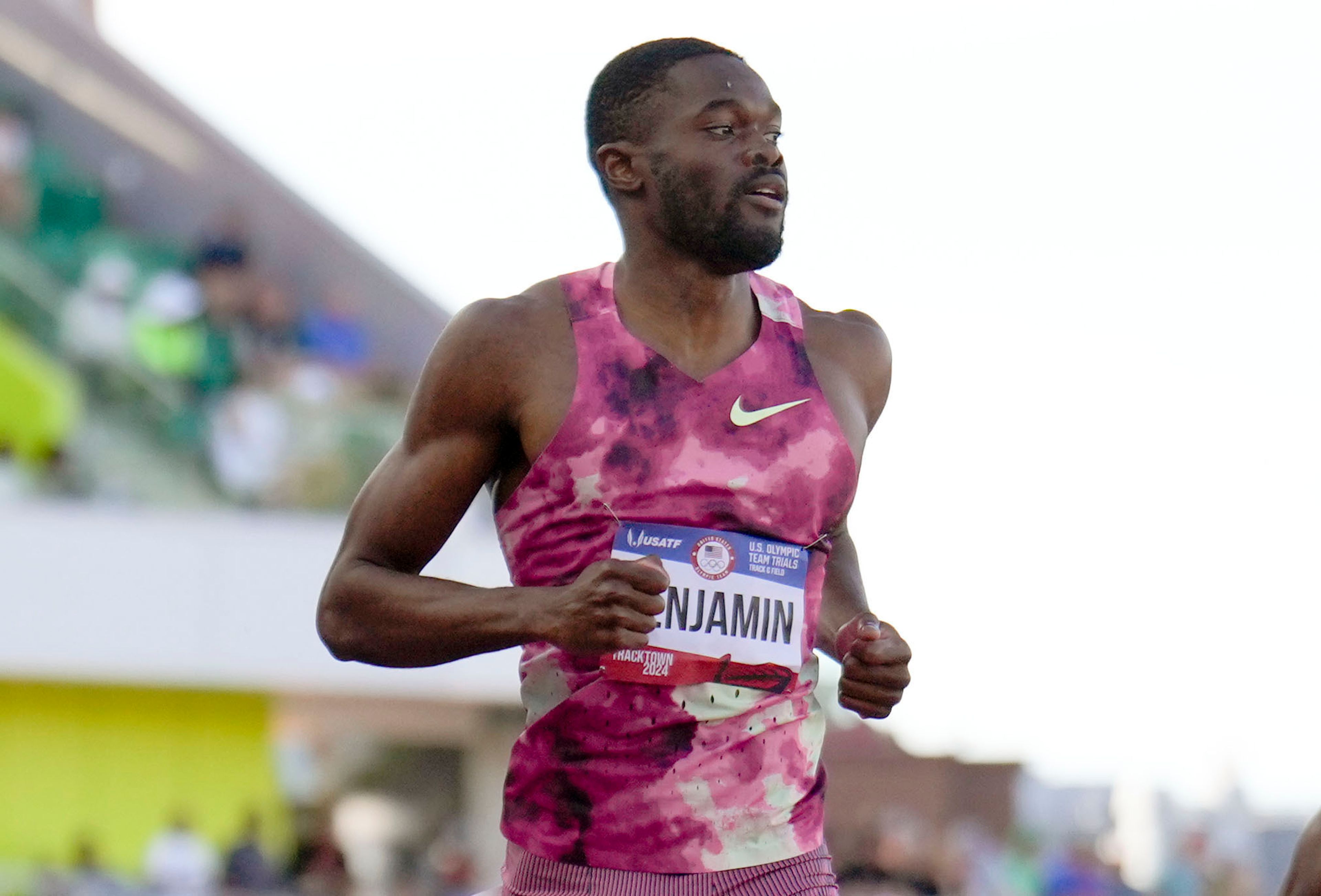 FILE - Rai Benjamin wins a heat men's 400-meter hurdles semi-finals during the U.S. Track and Field Olympic Team Trials on June 28, 2024, in Eugene, Ore. (AP Photo/George Walker IV, File)