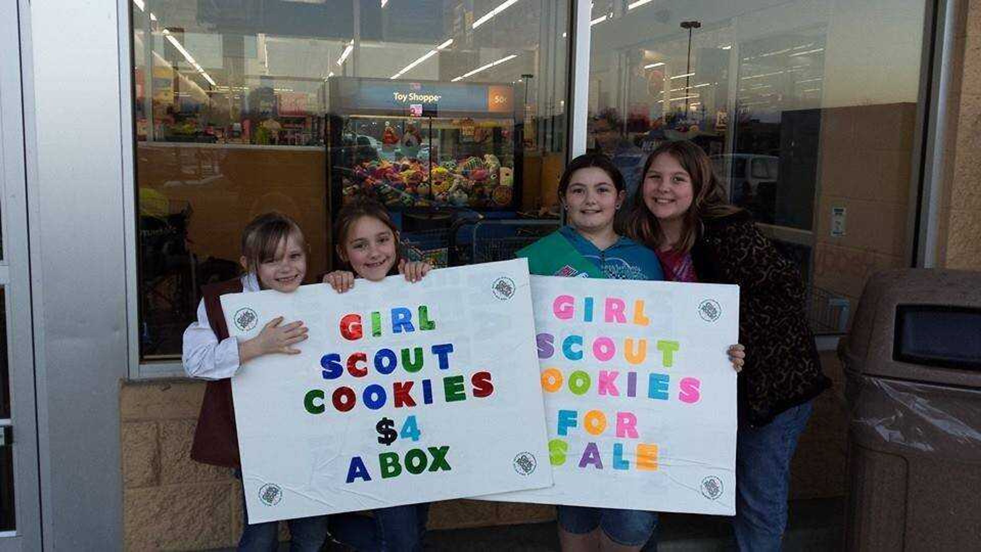 Scouts from Oak Ridge Troop 64049 advertising cookies in front of Jackson Wal-Mart
Scouts Serentiy Ponder, Mackenzie Armbruster and Junior Scouts Piper Stone and Samantha Seabaugh