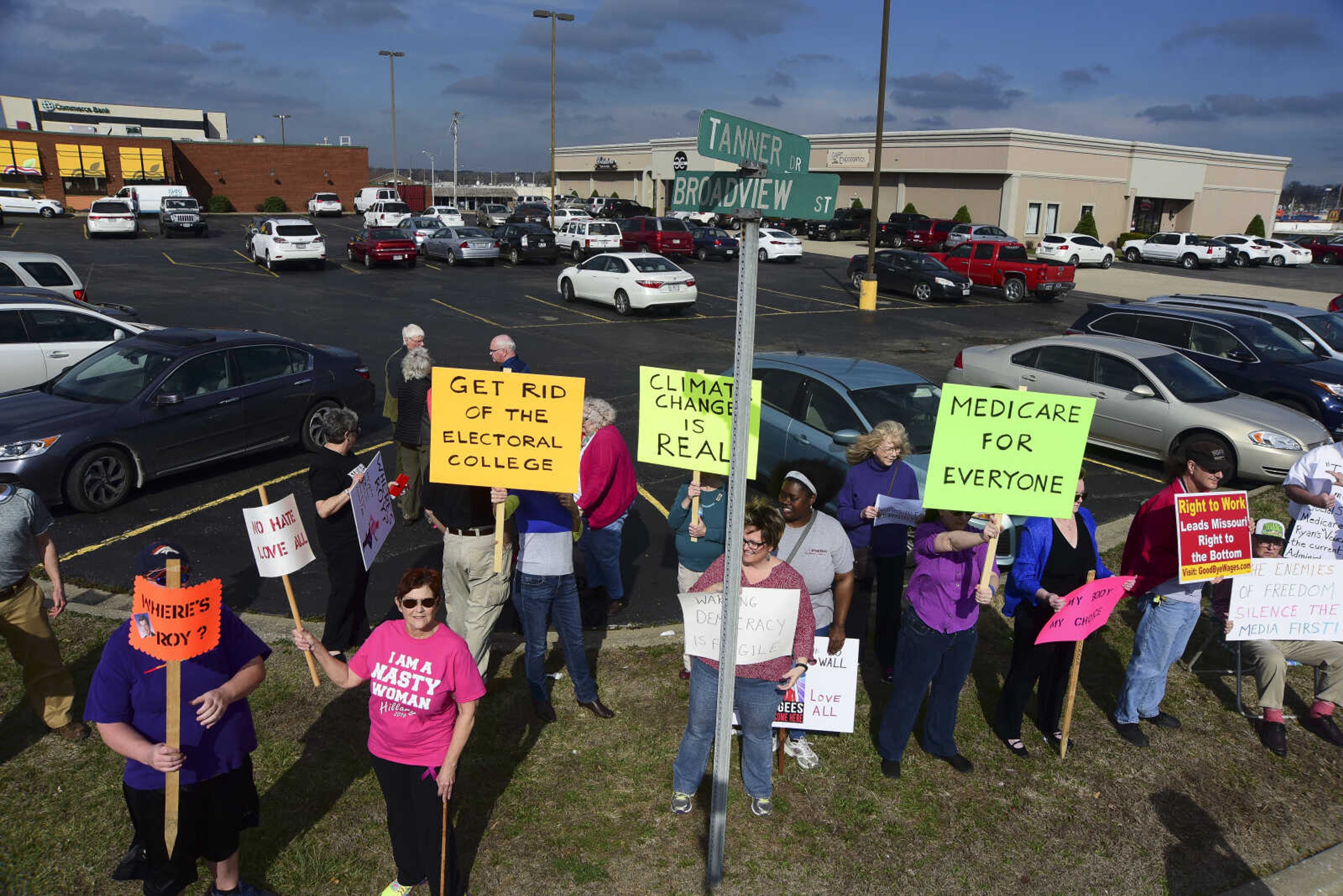 About 50 people with the Liberal Women Unite-Southeast MO Chapter demonstrate in front of U.S. Sen. Roy Blunt's office Wednesday, Feb. 22, 2017 in Cape Girardeau. Protestors held signs and chanted "Where's Roy" to demand a Town Hall Meeting with Senator Roy Blunt. As they spoke with the District Director, Darren Lingle, they brought up concerns they had along with saying they were not paid to be there with some having to even take vacation time to state what they believe in.