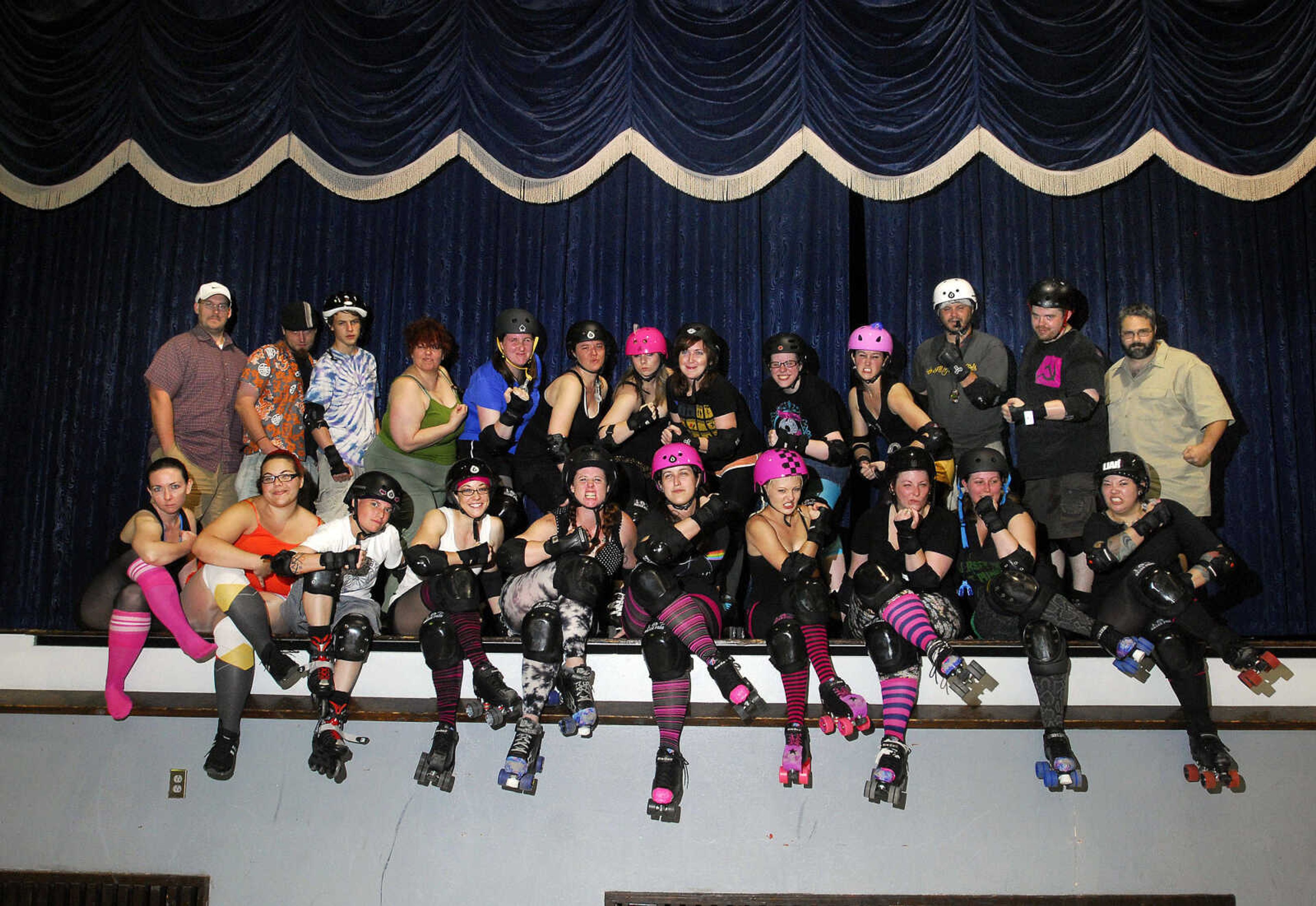 LAURA SIMON~lsimon@semissourian.com
Members of the Cape Girardeau Roller Girls take a break from their practice to pose for a group picture Monday, May 24, 2010 at the Arena Building in Cape Girardeau.