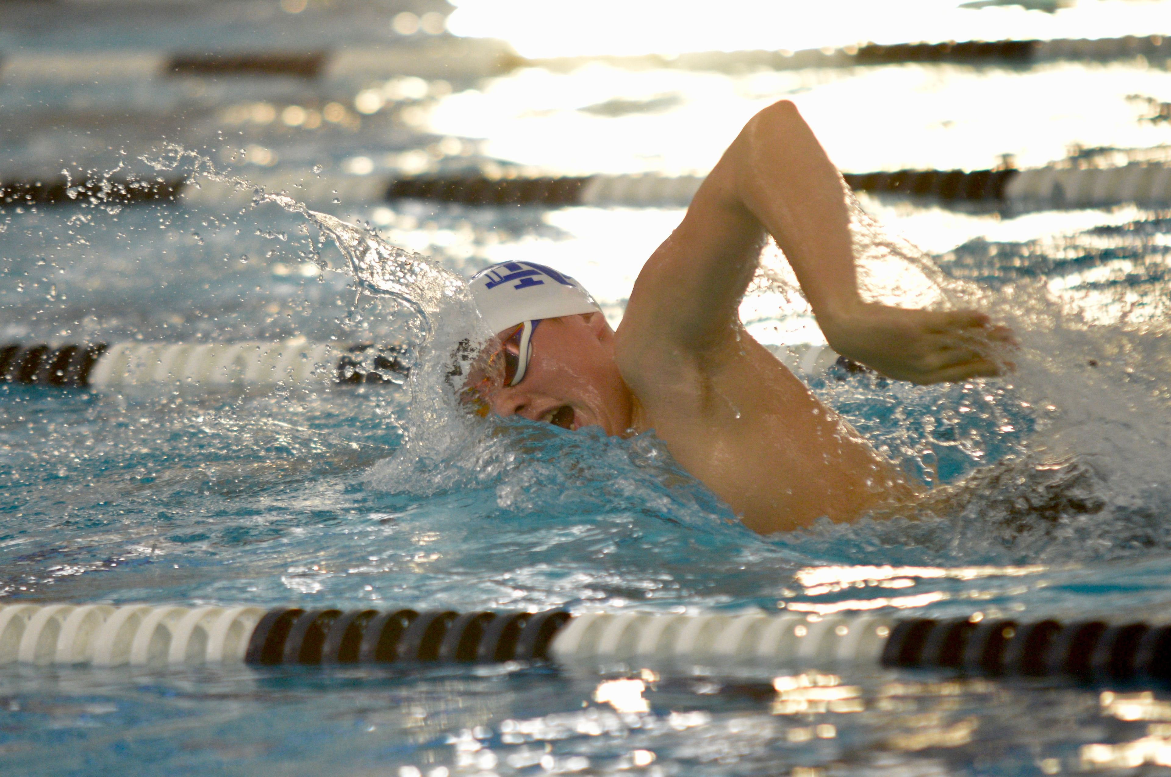 Notre Dame’s Kaiden Cracraft swims against Cape Central on Tuesday, Oct. 29, at the Cape Aquatic Center.