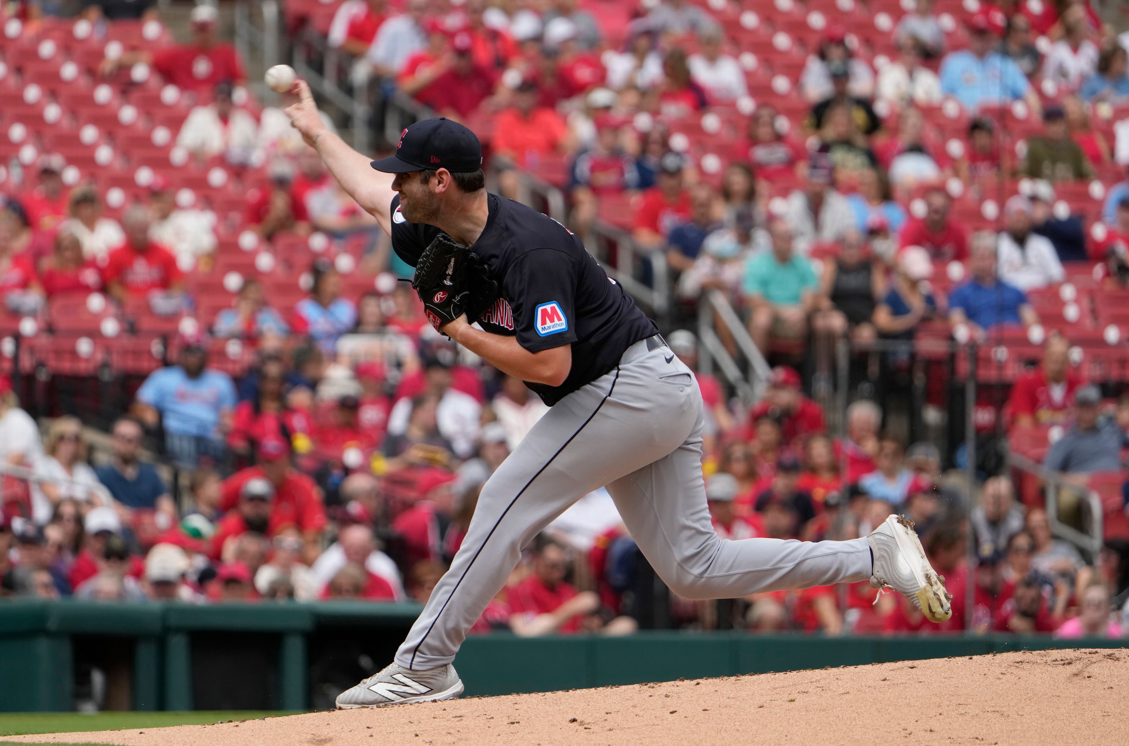 Cleveland Guardians starting pitcher Gavin Williams throws during the first inning of a baseball game against the St. Louis Cardinals Sunday, Sept. 22, 2024, in St. Louis. (AP Photo/Jeff Roberson)