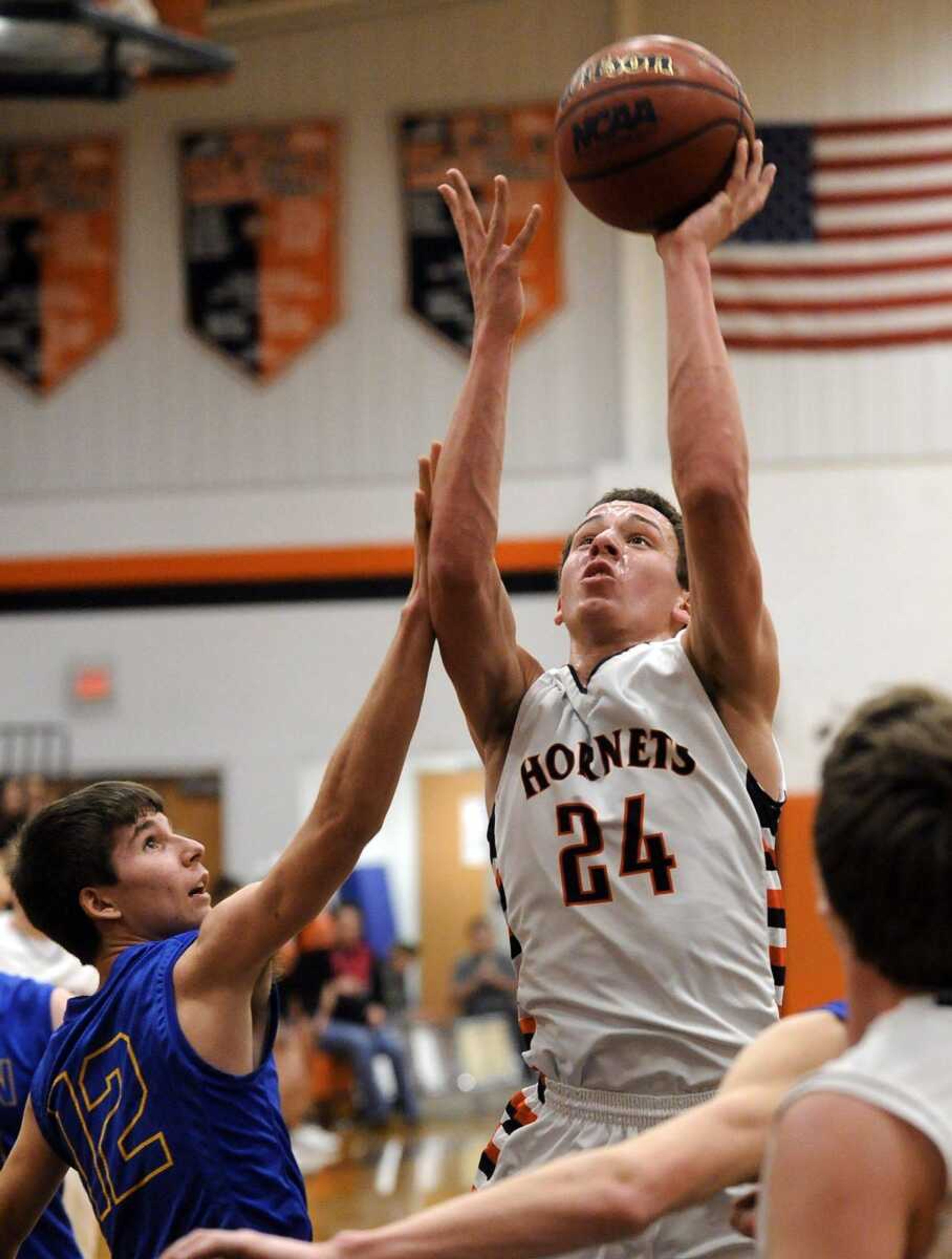 Advance&#8217;s Lane Below shoots over Oran&#8217;s Thomas Trankler during the second quarter Tuesday in Advance, Mo. Below scored 49 points in Advance&#8217;s 76-61 win. (Fred Lynch)