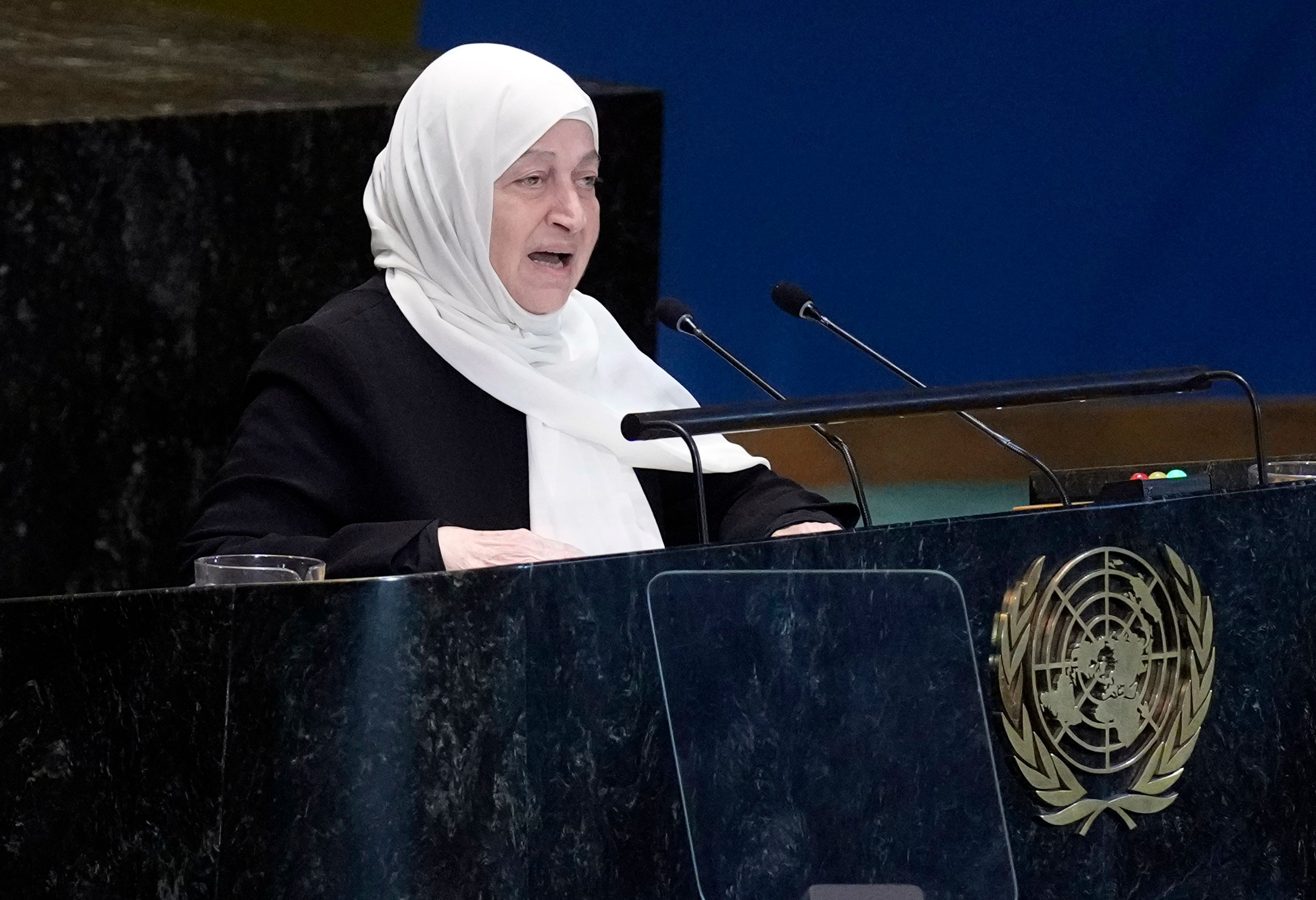 Member of Lebanon's Parliament Bahia El Hariri addresses the the Summit of the Future, in the United Nations General Assembly, Monday, Sept. 23, 2024. (AP Photo/Richard Drew)