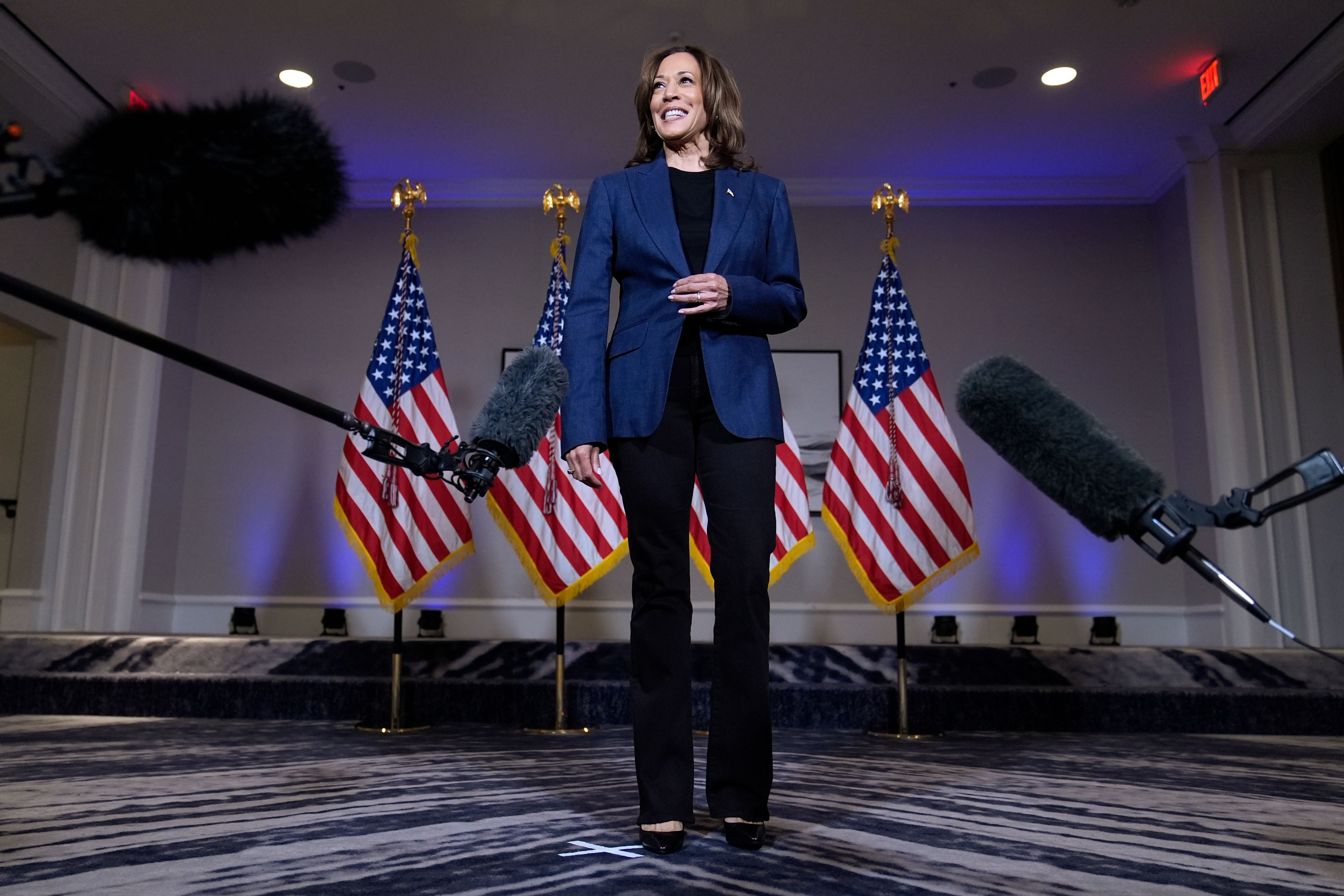 Democratic presidential nominee Vice President Kamala Harris speaks to reporters in Houston, Friday, Oct. 25, 2024. (AP Photo/Susan Walsh)