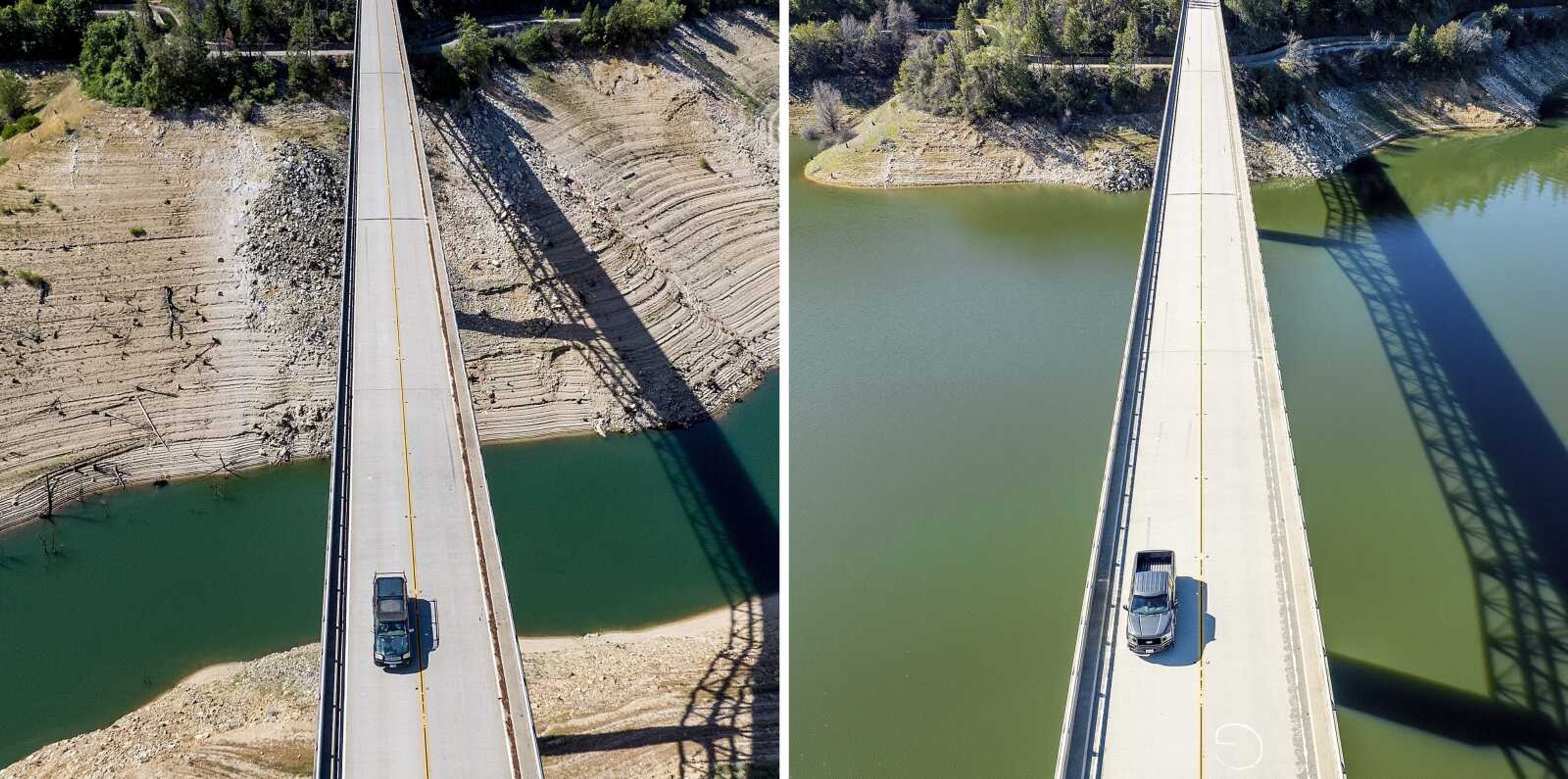 A vehicle crosses Enterprise Bridge over Lake Oroville's dry banks May 23, 2021, left, and the same location March 26, 2023, in Butte County, California.