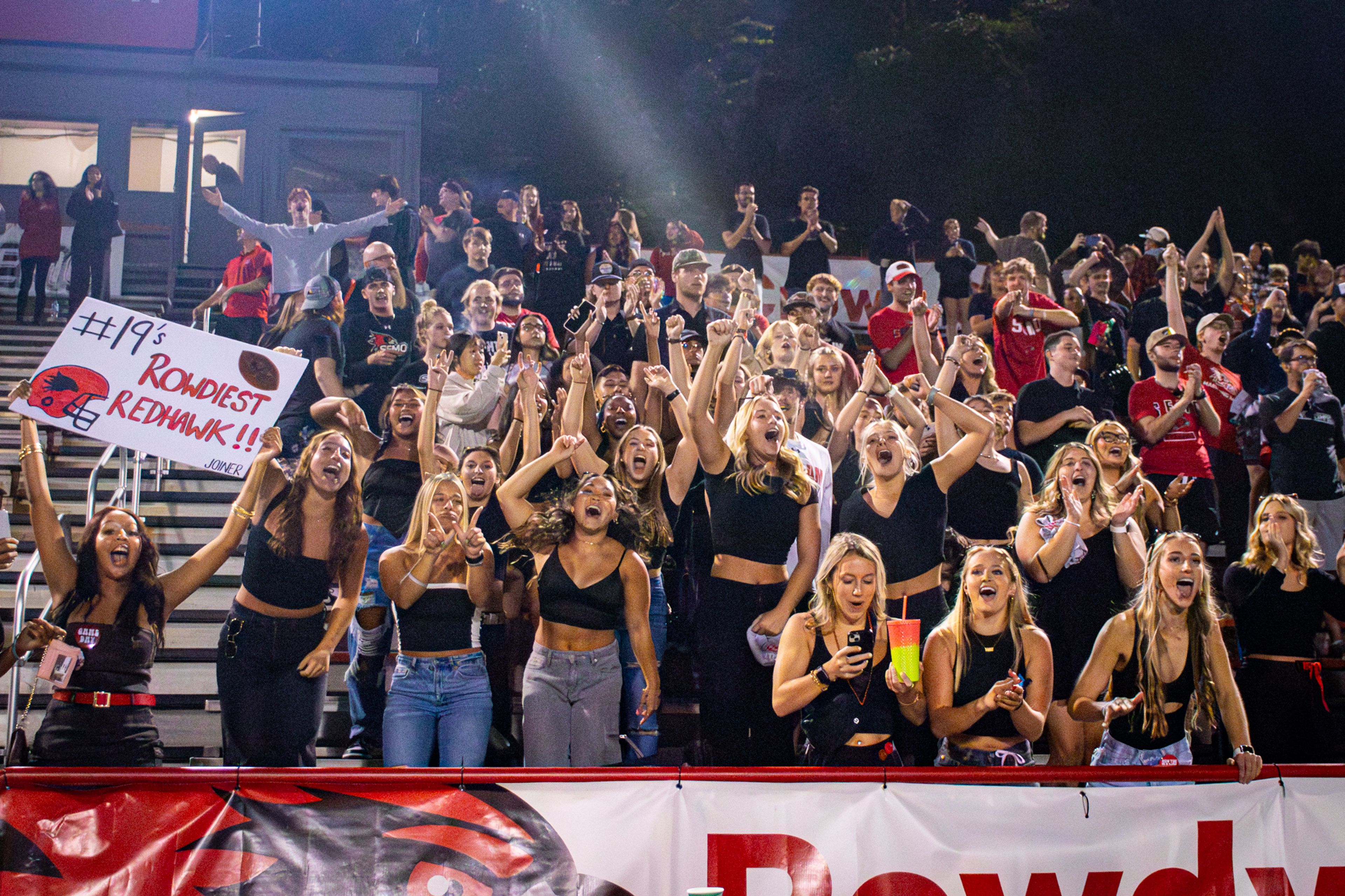 SEMO fans celebrate after the SEMO football team defeats UT Martin 45-42 in overtime for their first win at Houck Stadium this season.