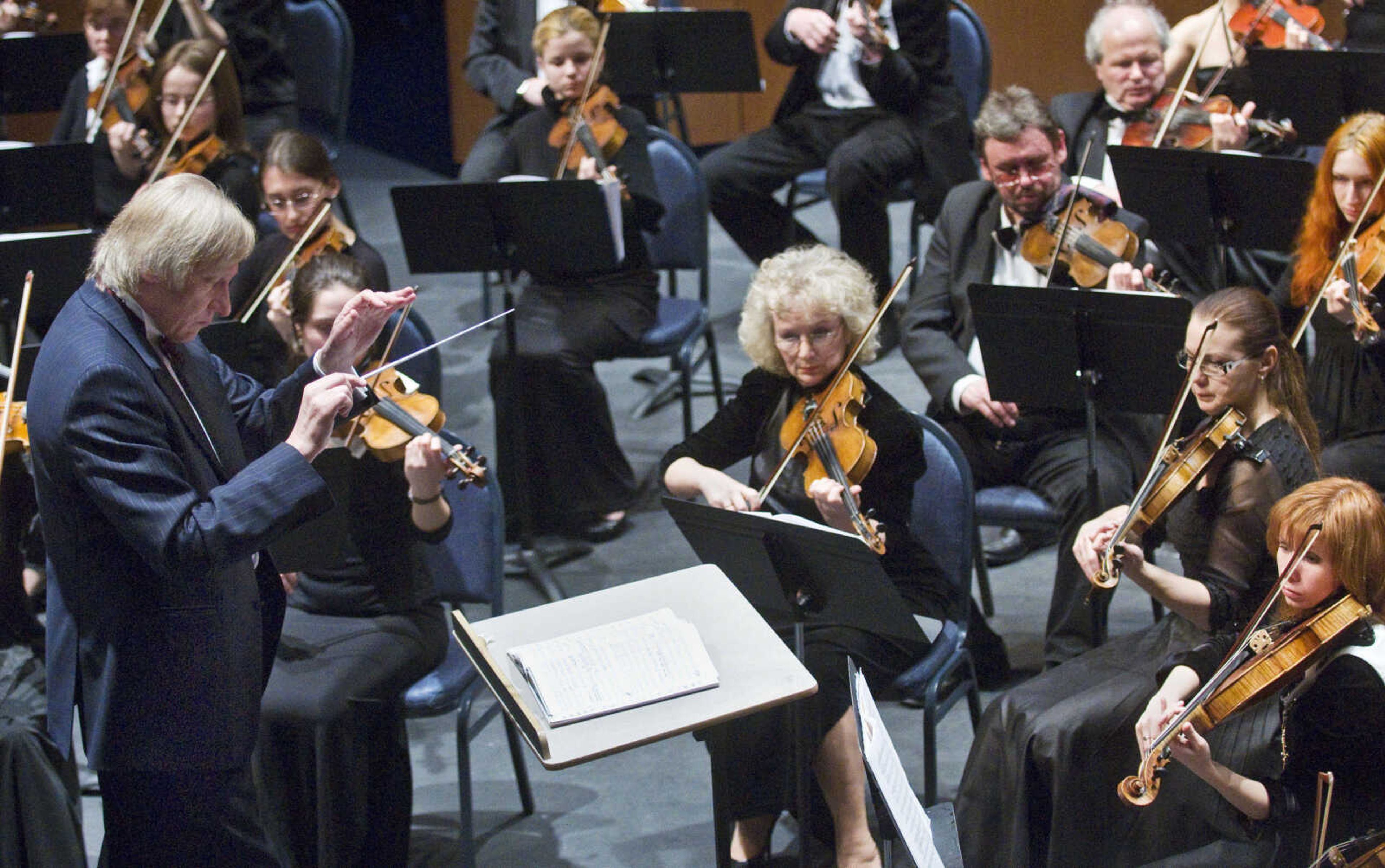 Maestro Alexei Kornienko conducts the Moscow State Radio Symphony Orchestra through "Romeo and Juliet, Fantasy Overture in B minor" during a performance at the Donald C. Bedell Performance Hall on Southeast Missouri State University's River Campus on Friday, March 5, 2010. The Orchestra also played other Russian masterpieces including "Rhapsody on a Theme of Paganini, Op. 43" and "Scheherazade, Op. 35." The venue sold 539 presale tickets for this event. (Kristin Eberts)