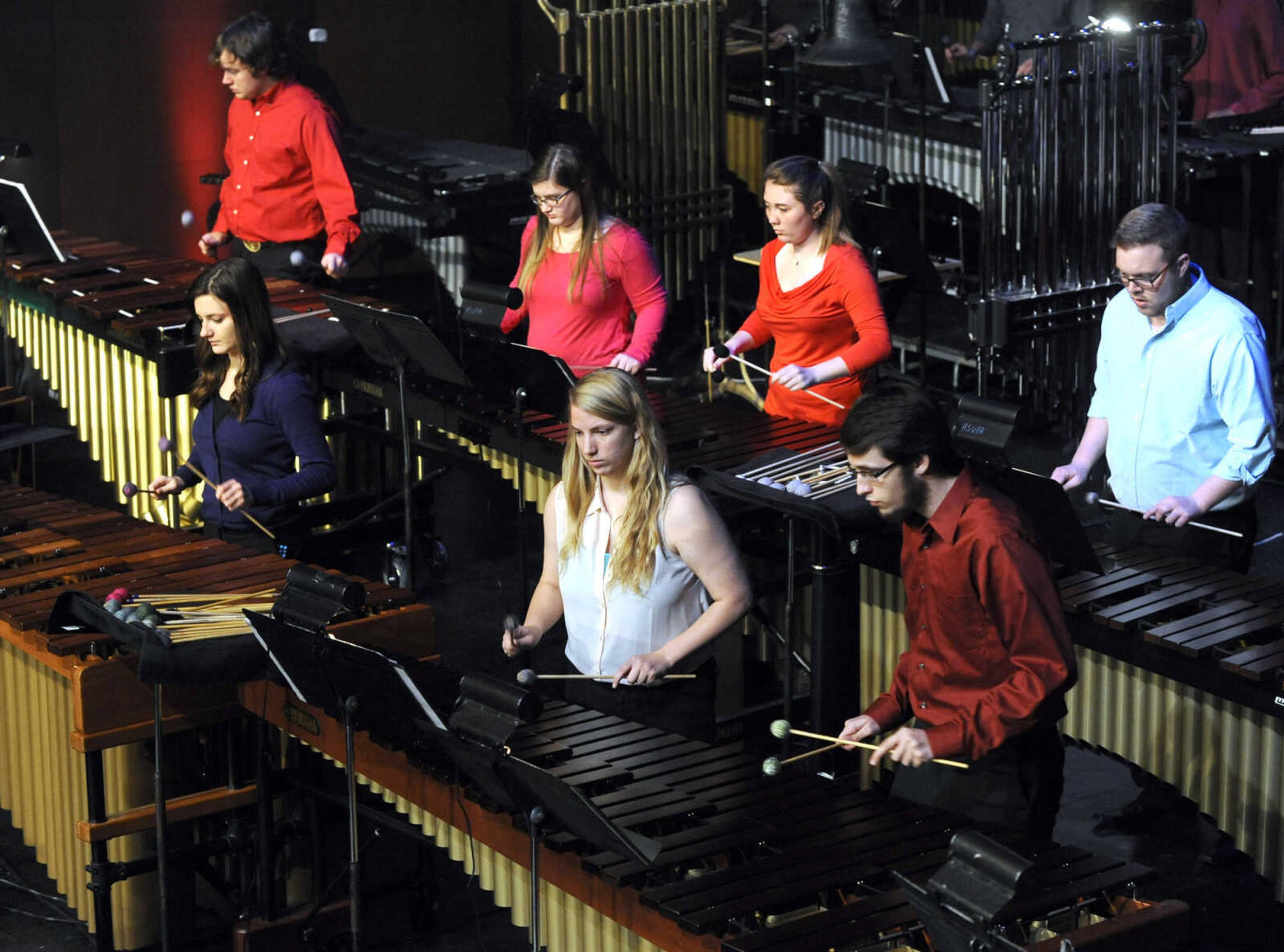 Members of the Percussion Ensemble at Southeast Missouri State University perform Saturday, Dec. 13, 2014 at Bedell Performance Hall on the River Campus.