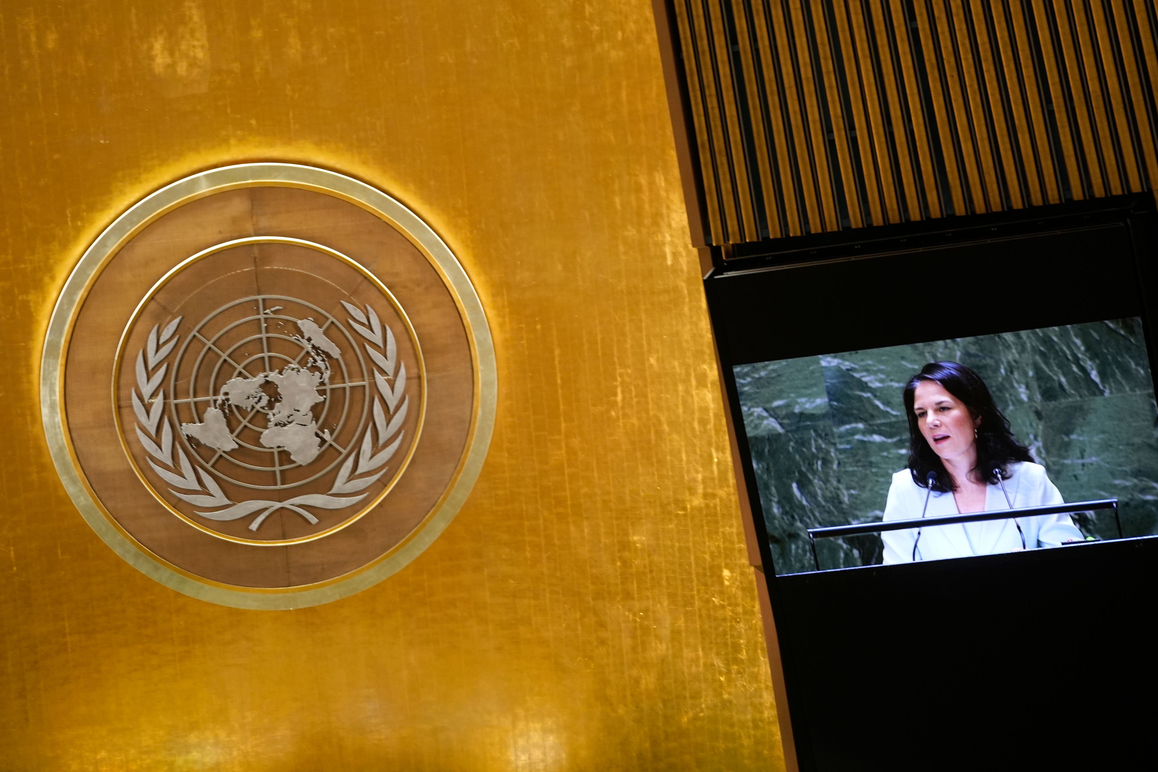 Germany's Minister for Foreign Affairs Annalena Baerbock addresses the 79th session of the United Nations General Assembly, Thursday, Sept. 26, 2024. (AP Photo/Pamela Smith)