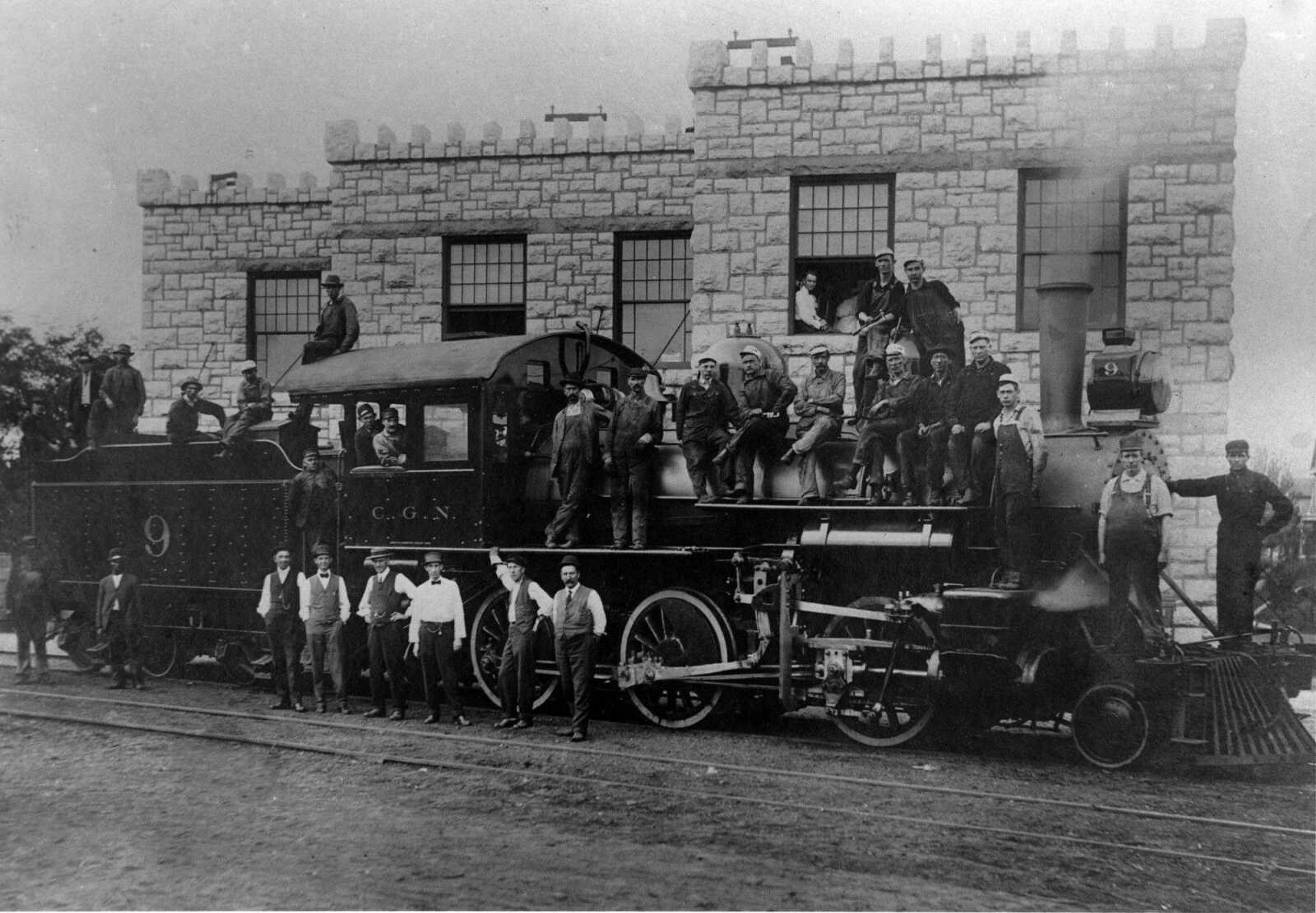 Louis Houck completed the basic lines of the Cape Girardeau Northern Railroad by 1905. That line extended from the Thebes bridge to Cape and on to Jackson, Perryville and Perryville Juncition opposite Chester, Ill., on the Frisco line. Employees of Houck's road lined up in front of Engine No. 9 and the C.G.N. depot on Independence Street for this photo. (Missourian archives)