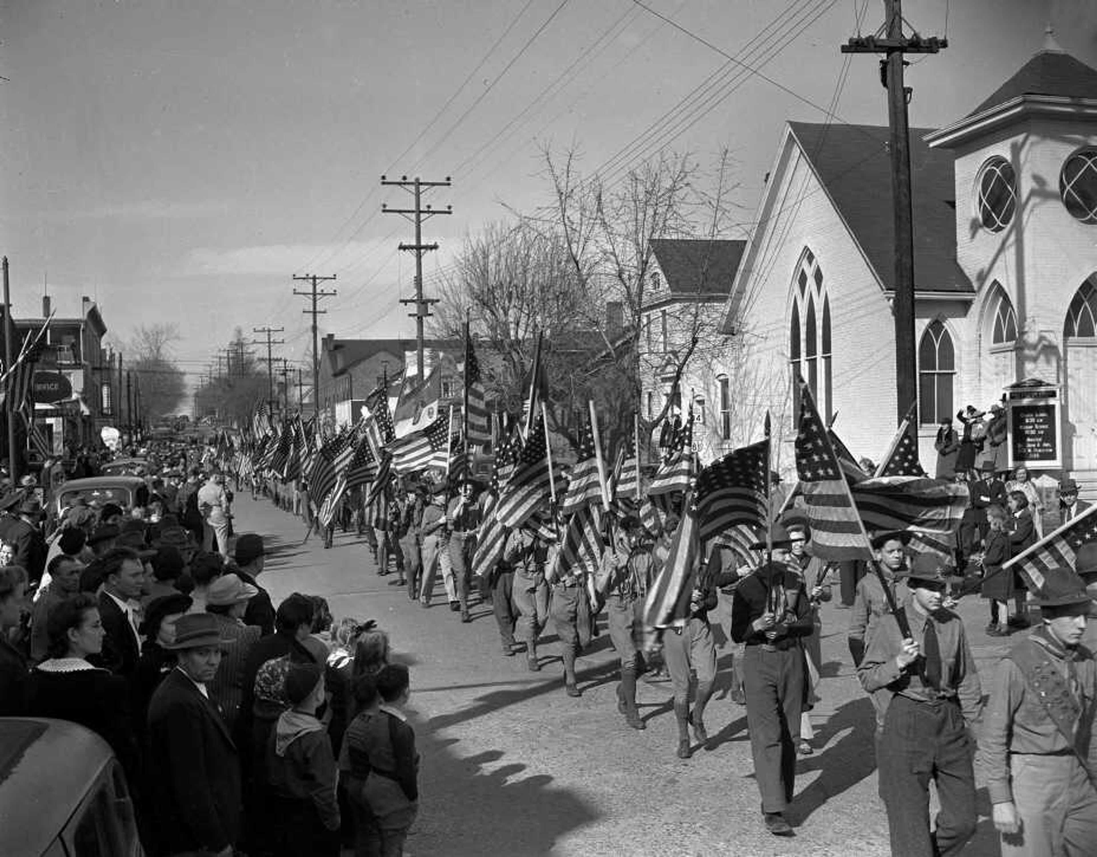 At the intersection of Sprigg and Themis streets, hundreds of Cape Girardeau Boy Scouts are shown bearing massed colors on March 10, 1942, in a big War Rally parade as a crowd estimated from 20,000 to 25,000 persons stood along the line of march. The event was sponsored by the Marine Corps League. Read more about the event in this blog by Fred Lynch: www.semissourian.com/blogs/flynch/entry/47340