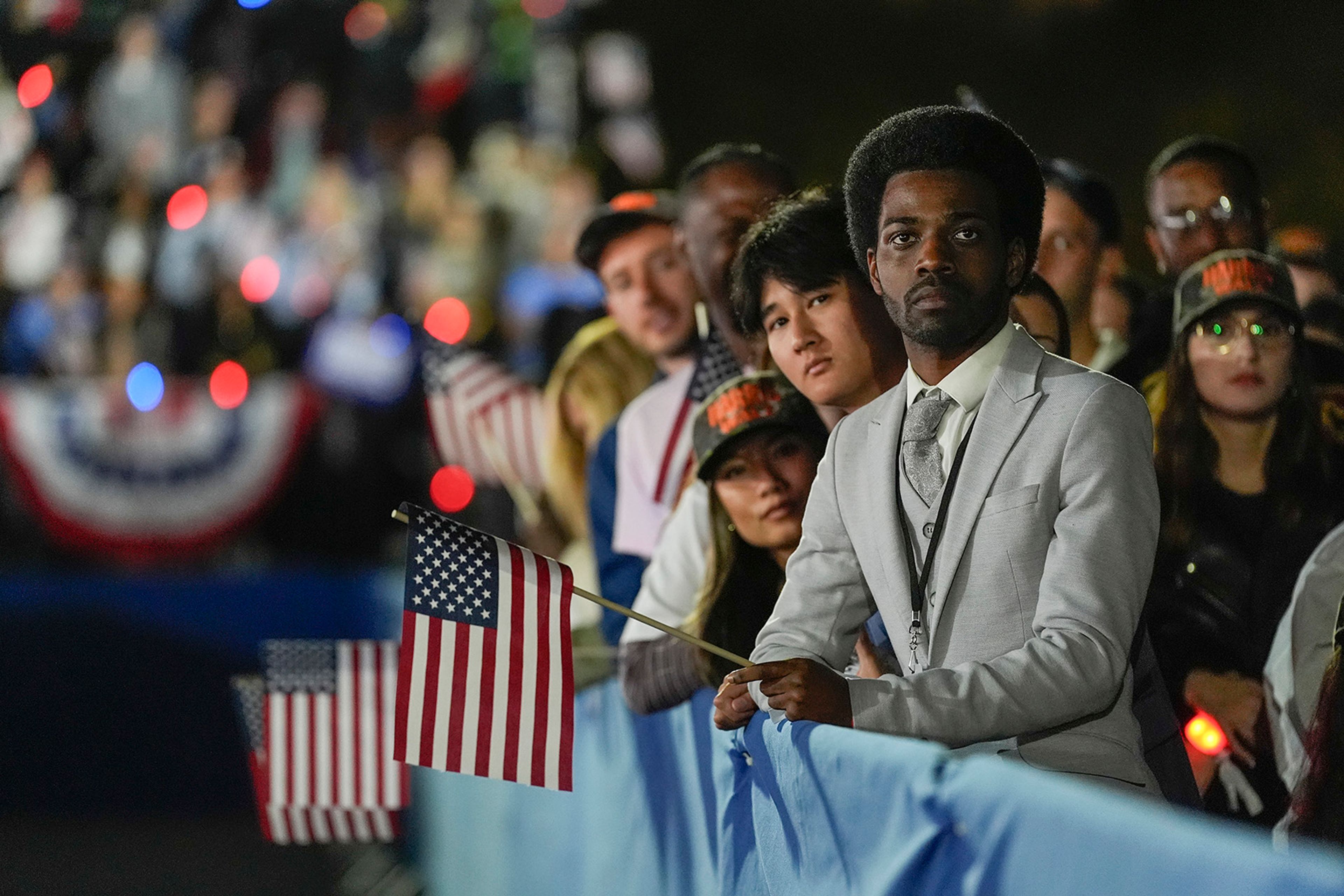 Supporters wait for the arrival of Democratic presidential nominee Vice President Kamala Harris at a campaign rally in Washington on Tuesday, Oct 29, 2024. 