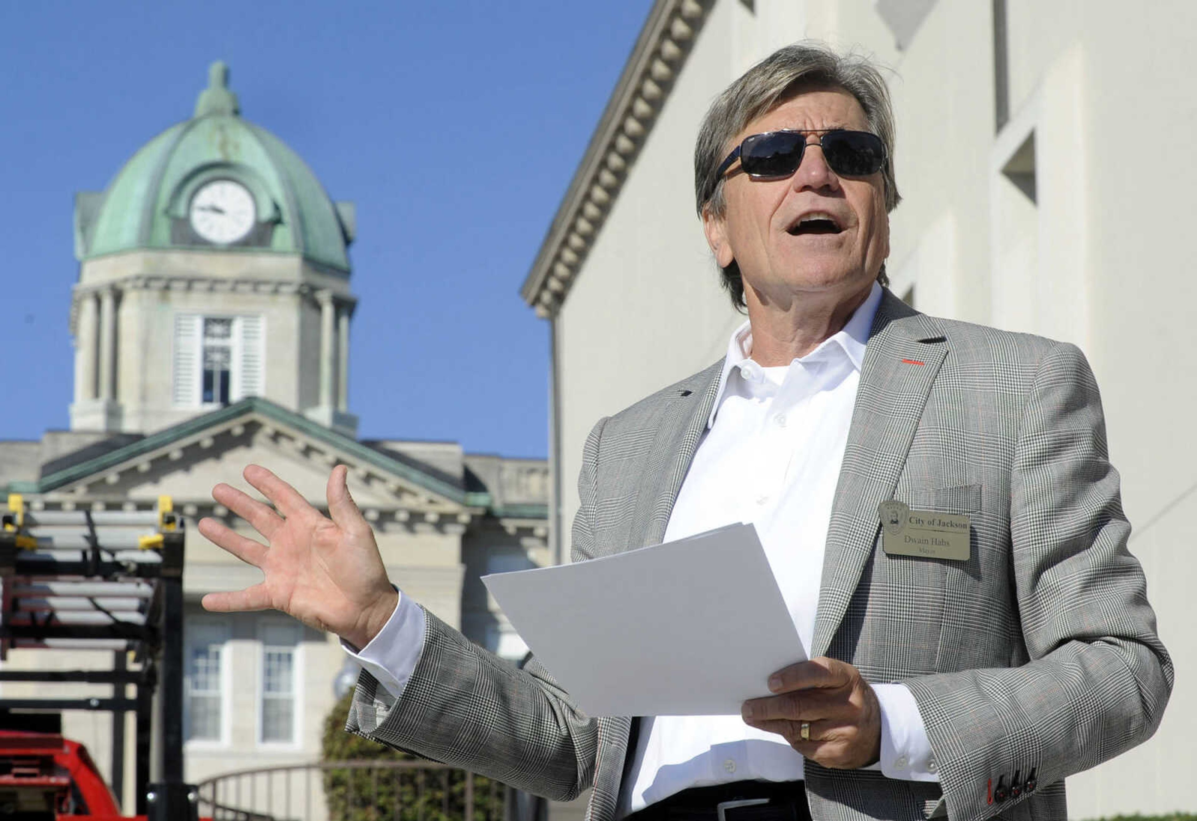 FRED LYNCH ~ flynch@semissourian.com
Jackson mayor Dwain Hahs speaks at a ceremony for the completion of improvements at East Main Street and Hope Street on Friday, Oct. 21, 2016 in Jackson.