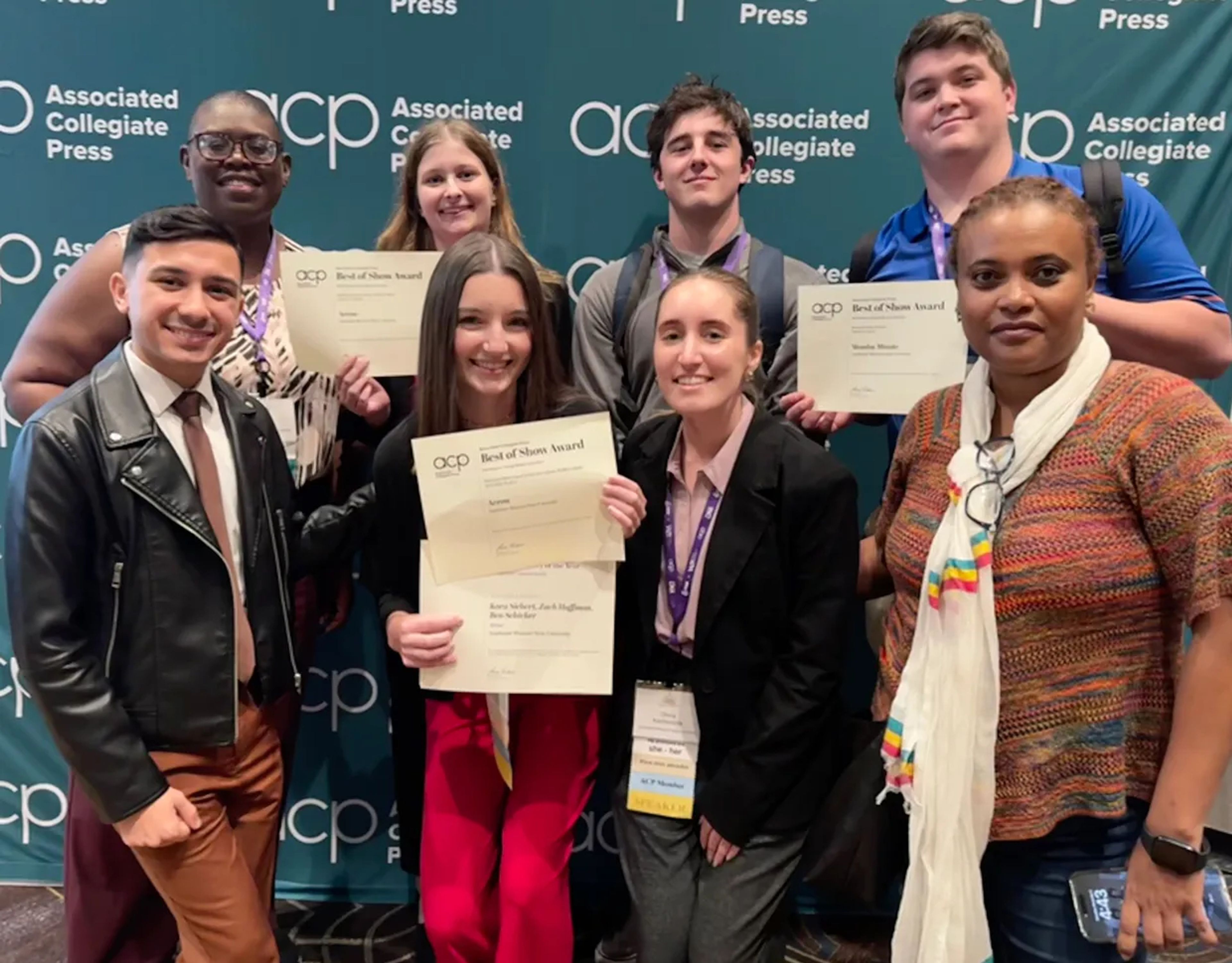 Representatives of the Arrow, Southeast Missouri State University’s student newspaper, with their awards at the Fall National College Media Convention in New Orleans. Back row, from left, Department of Mass Media chairwoman Tamara Buck, Lily Niebrugge, Blake Schowalter and Andon Christian. Front row, from left, Wesley Perez Vidal, Kora Siebert, Olivia Ketcherside and mass media professor Emrakeb Woldearegay.