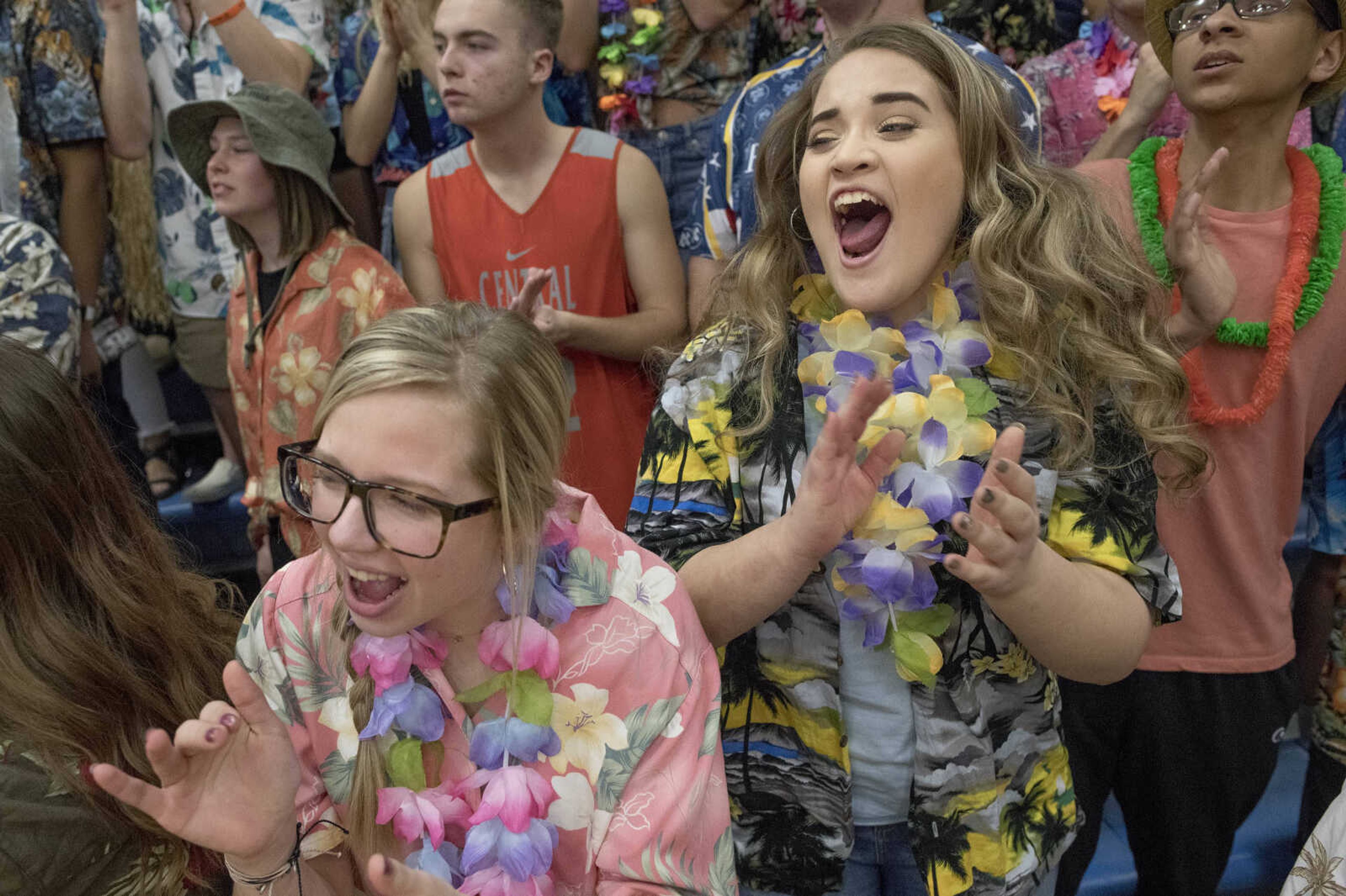 Cape Central fan Haley Ticer (right) cheers with classmates  during a match between Cape Central and Sikeston Tuesday, March 3, 2020, at Notre Dame Regional High School in Cape Girardeau.