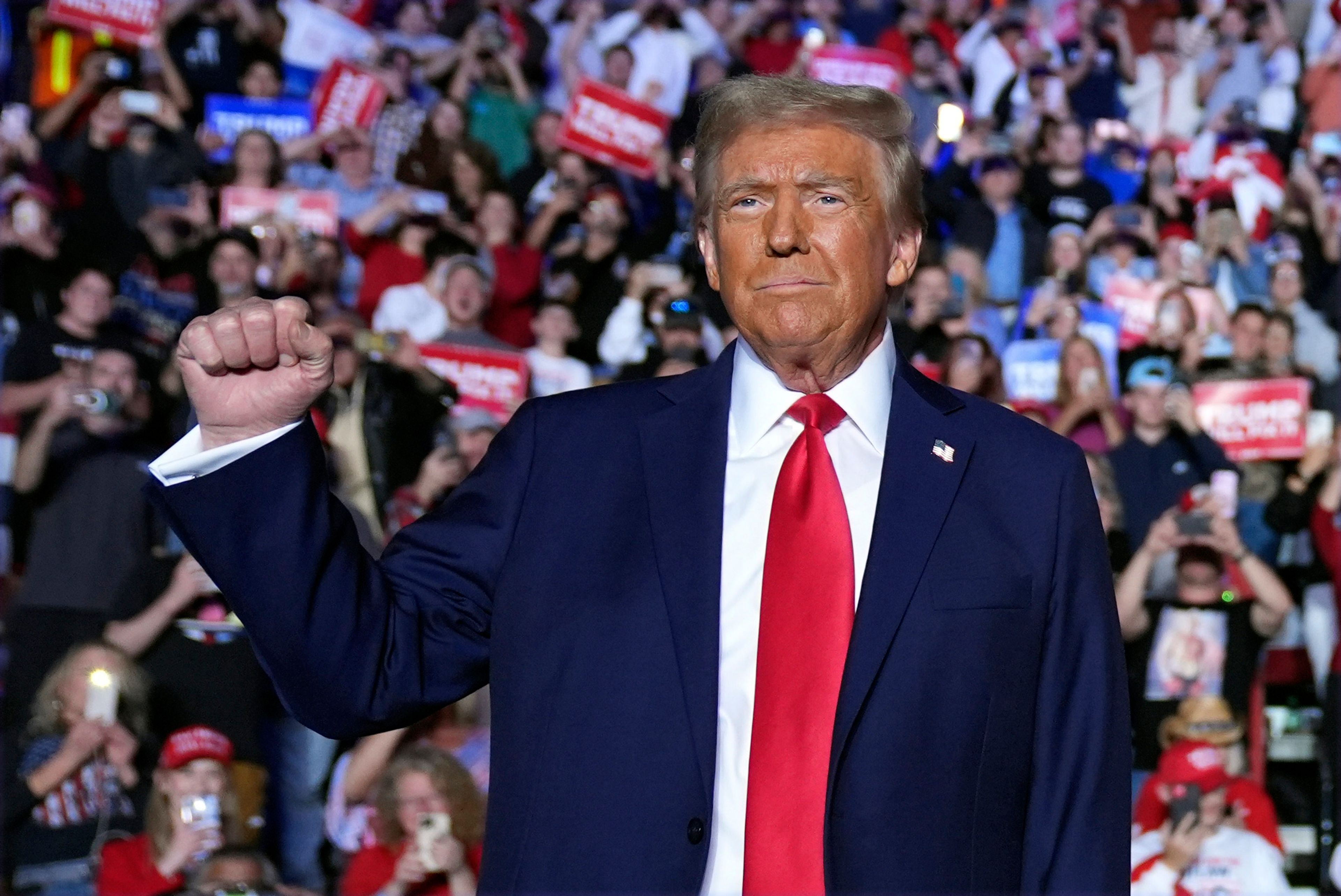 Republican presidential nominee former President Donald Trump arrives at a campaign rally at Santander Arena, Monday, Nov. 4, 2024, in Reading, Pa. (AP Photo/Evan Vucci)