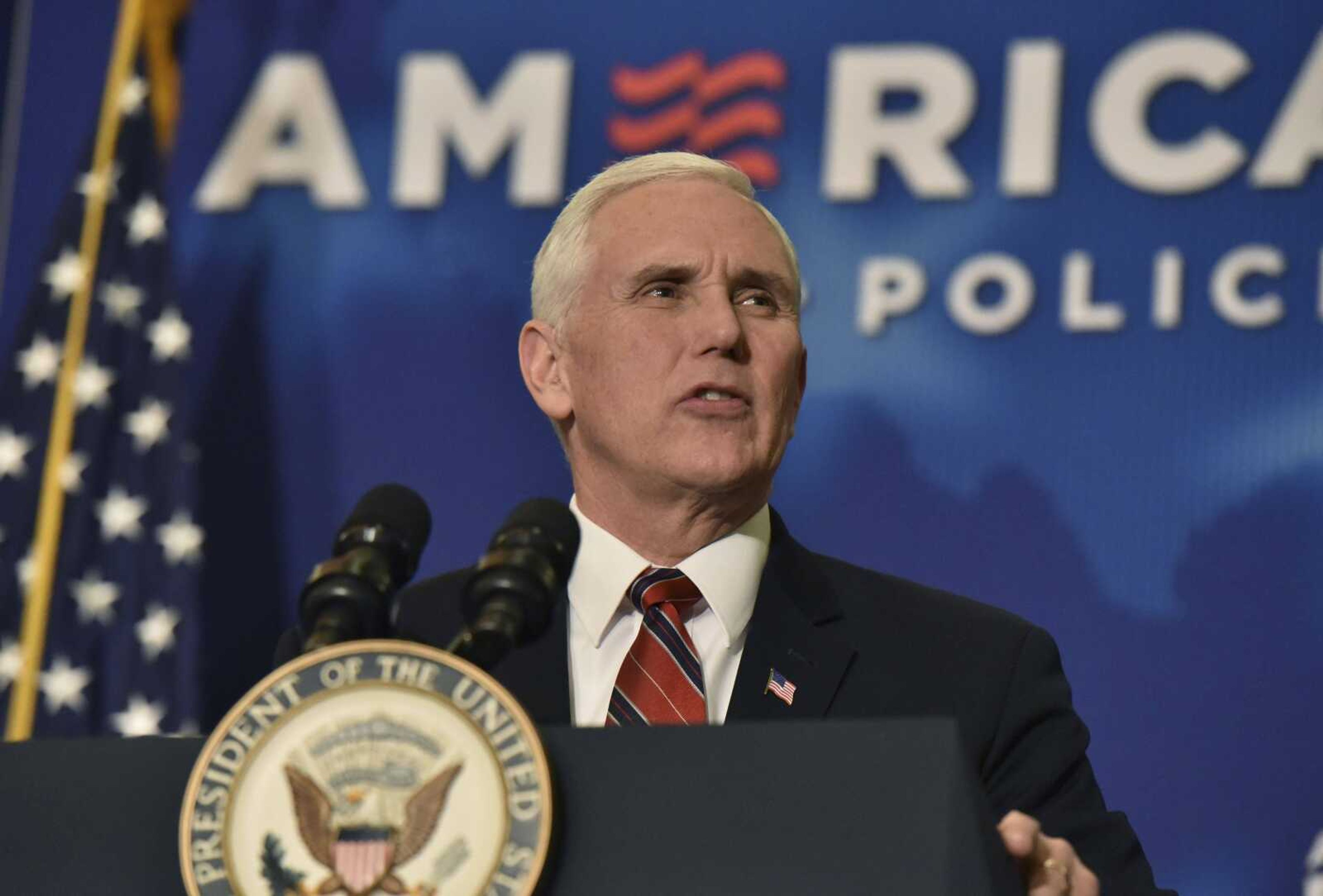 Vice President Mike Pence delivers remarks at an America First Policies event Friday, as part of a series called "Tax Cuts to Put America First" at the Loews Atlanta Hotel.