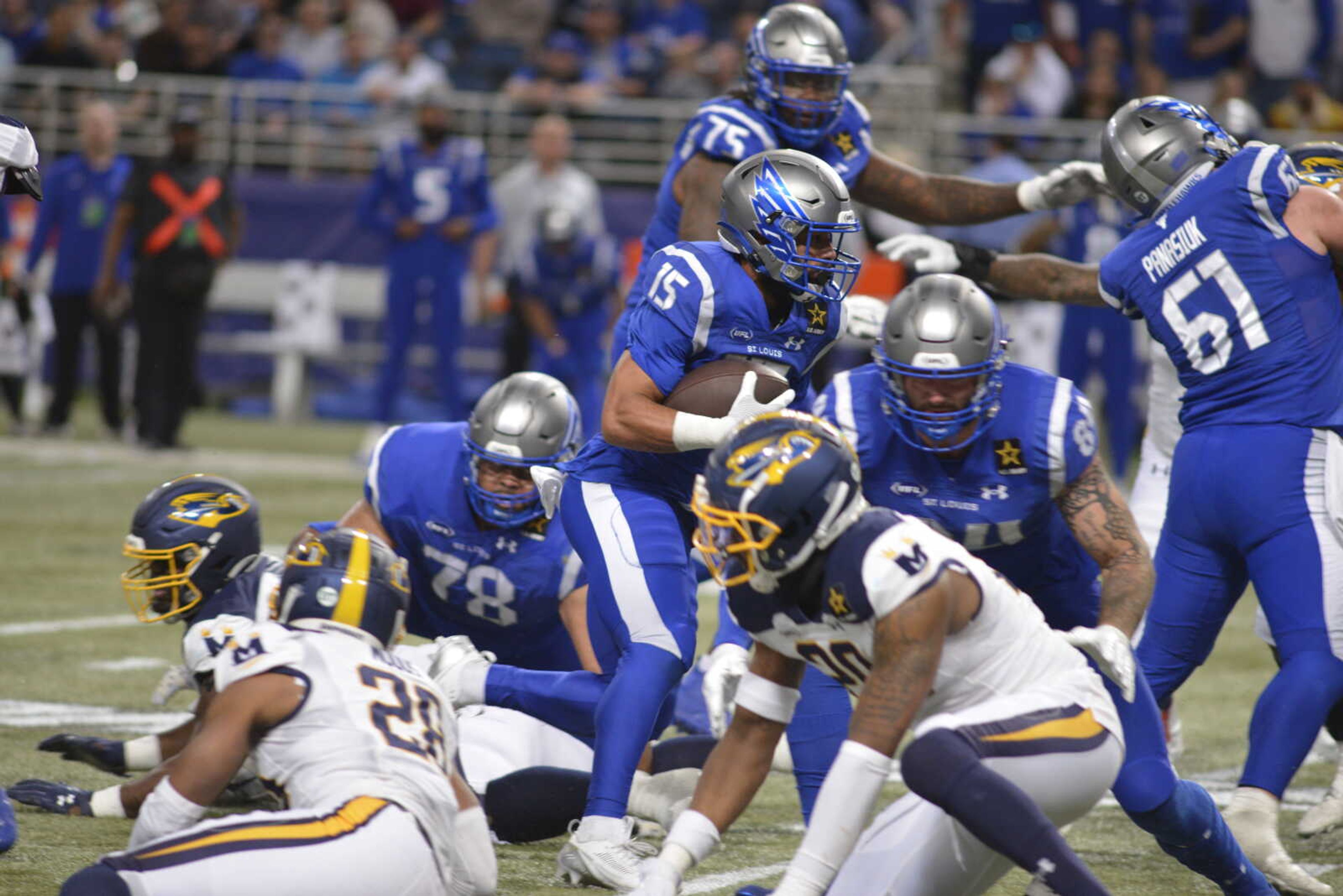 St. Louis Battlehawks Josh Saylors carries the ball during a recent game against the Memphis Showboats in St. Louis.