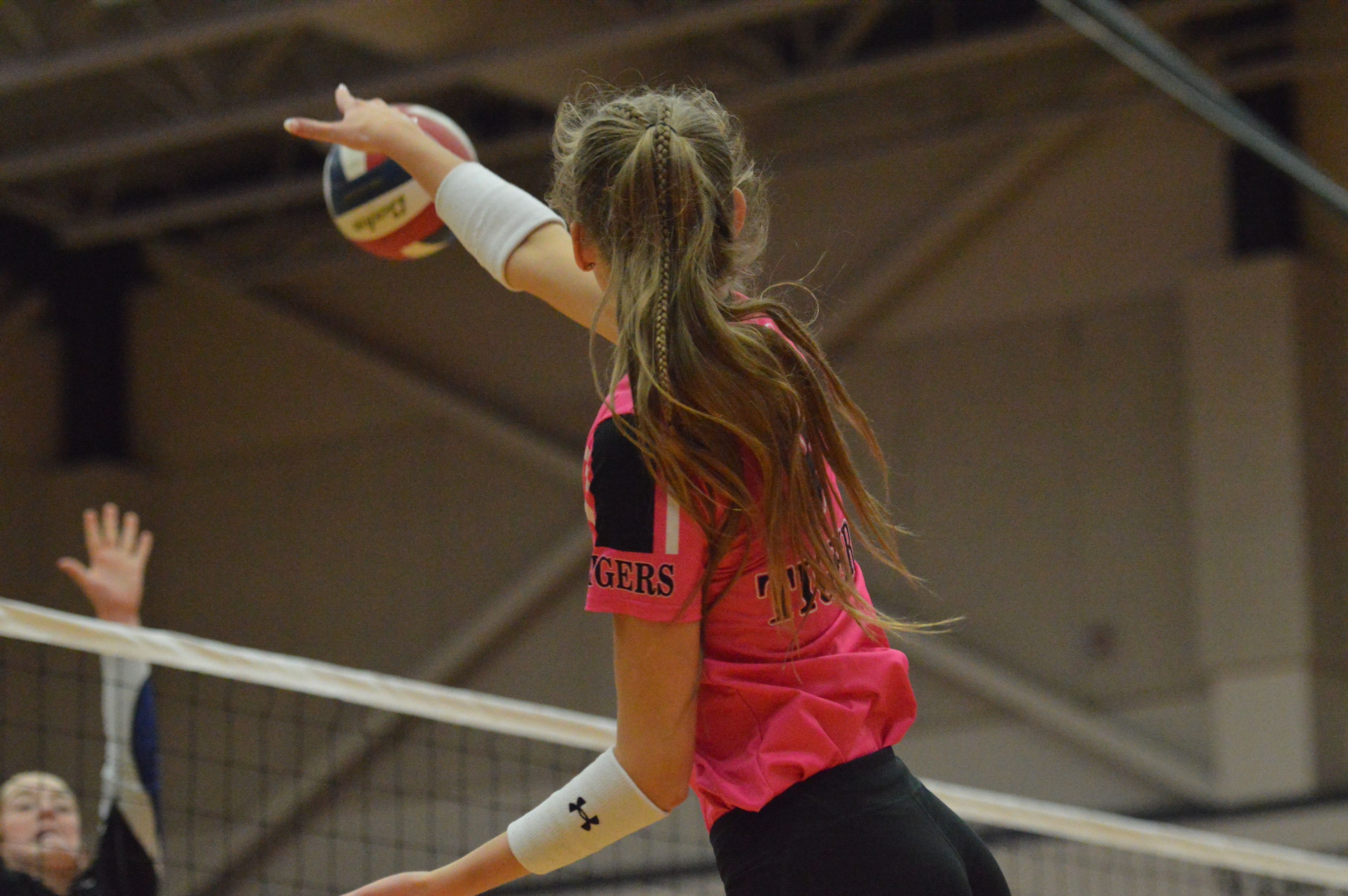 Cape Central outside hitter Sophia Haggerty spikes the ball against Bernie on Monday, Sept. 16.