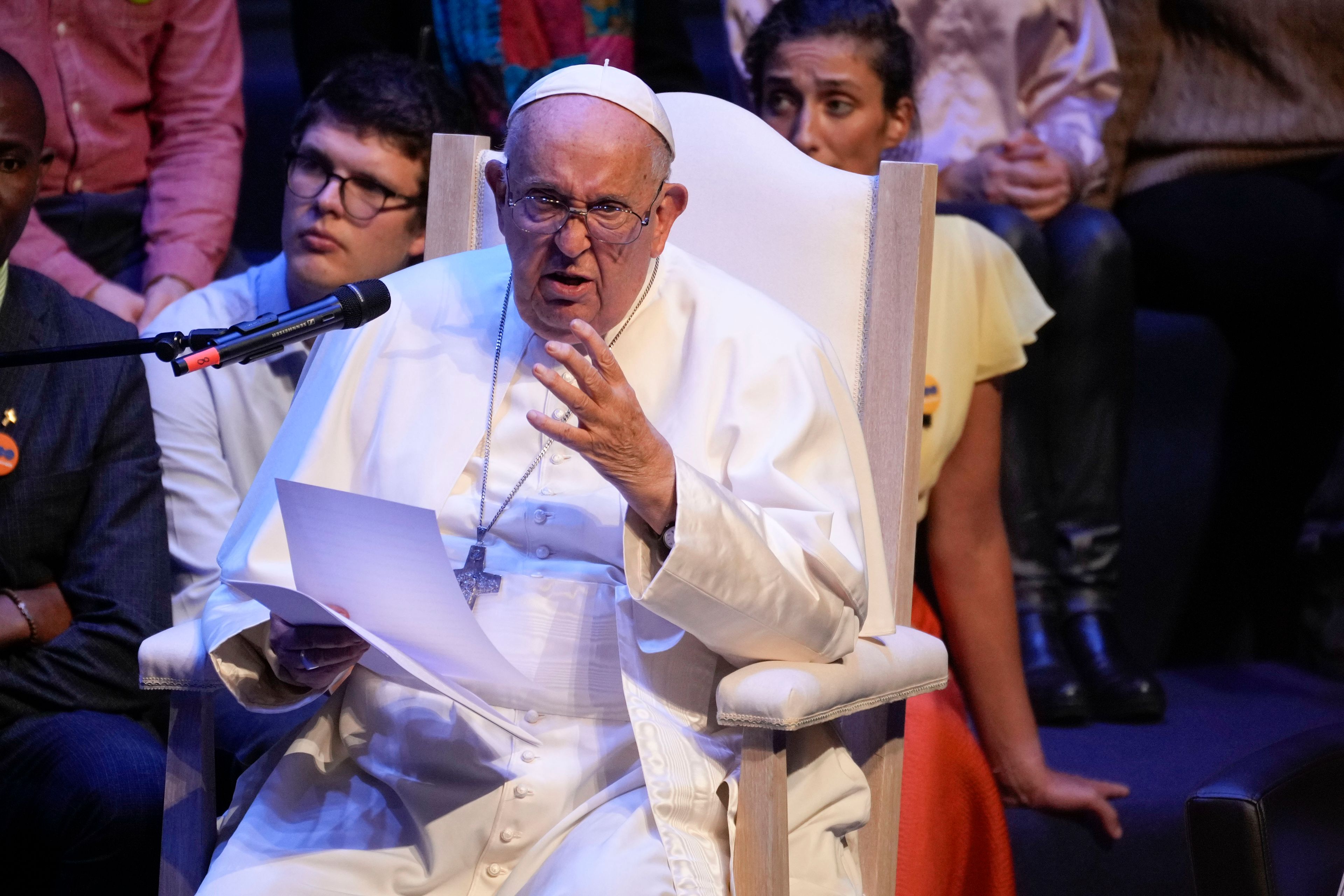 Pope Francis delivers his message as he meets with students of the Louvain Catholic University in Ottignies-Louvain-la-Neuve, Belgium, Saturday, Sept. 28, 2024. (AP Photo/Andrew Medichini)