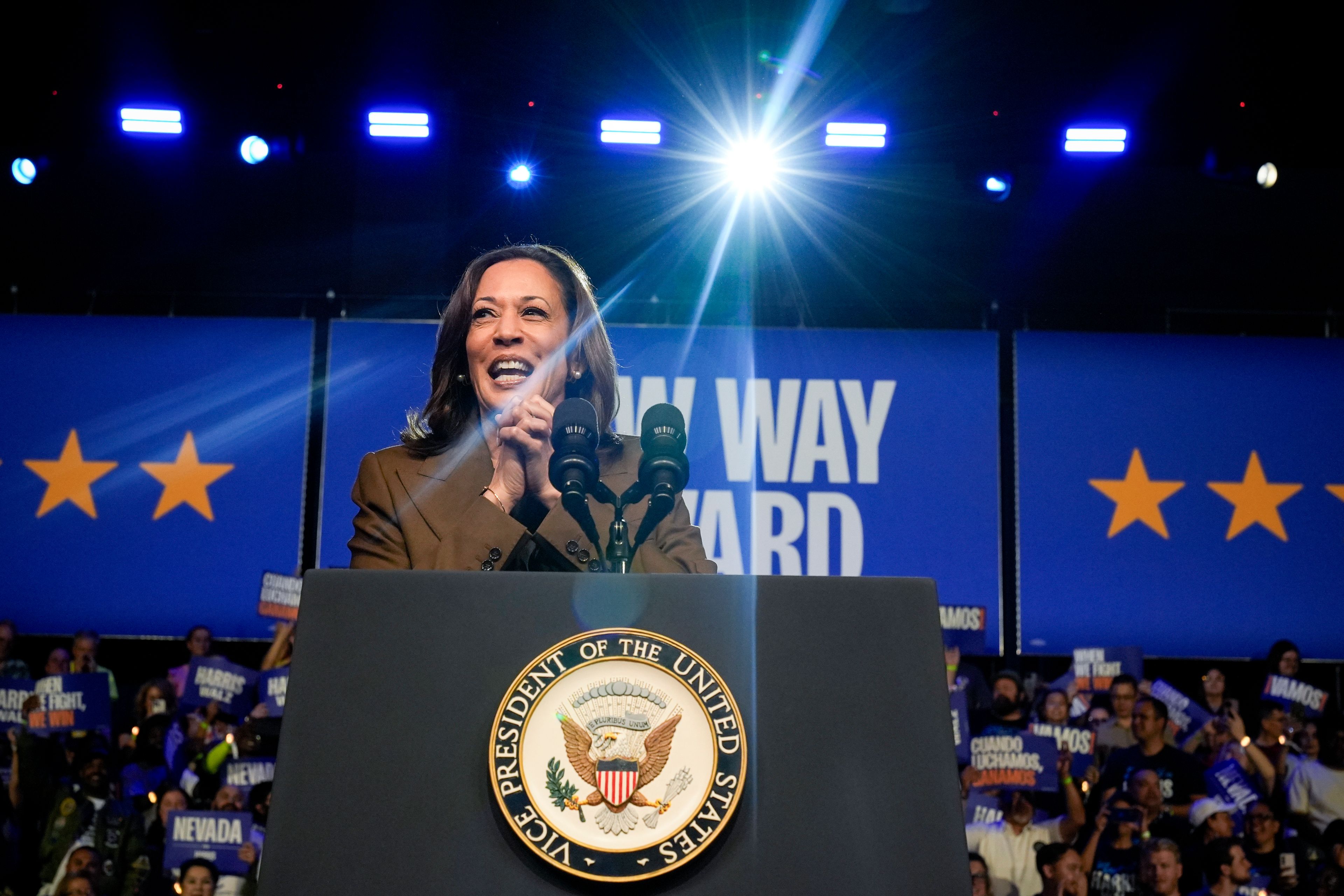 Democratic presidential nominee Vice President Kamala Harris speaks at a rally on Sunday, Sept. 29, 2024, in Las Vegas. (AP Photo/Carolyn Kaster)