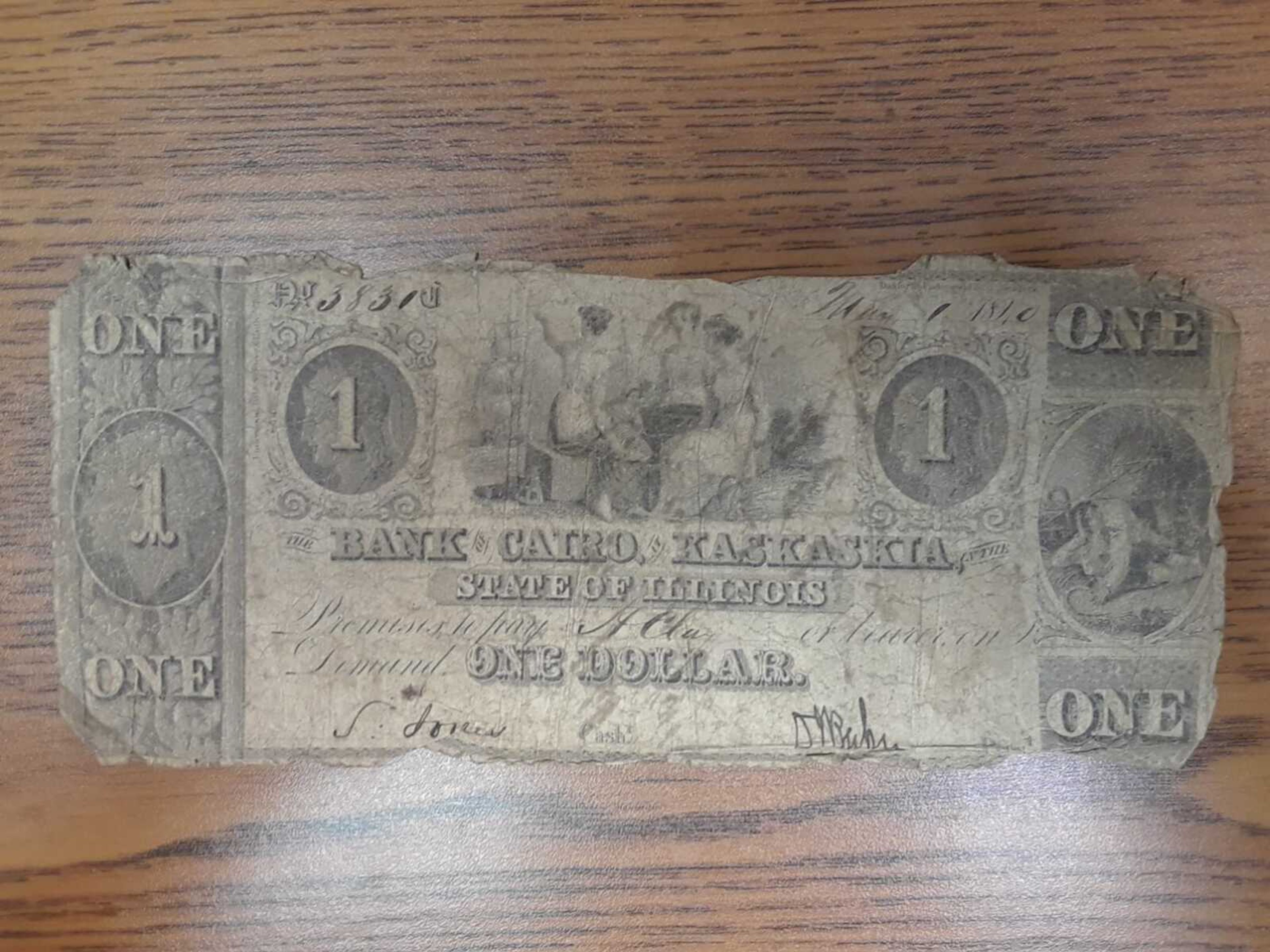 A bank note for one dollar from the Bank of Cairo, Kaskasia (Illinois) branch, was found in the estate papers for Hiram Fleming. Fleming died in Cape Girardeau County in 1843.