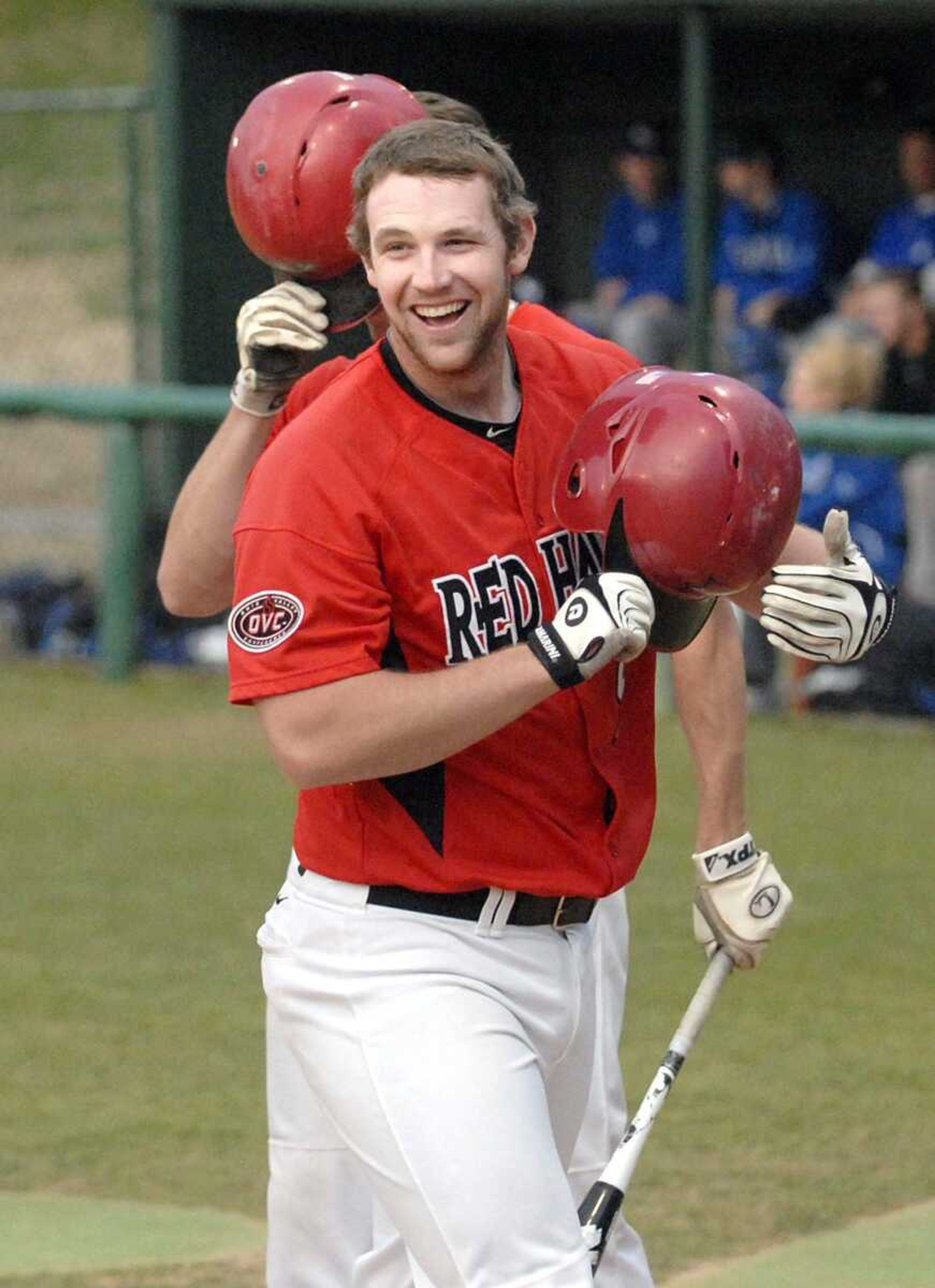 Southeast Missouri State&#8217;s Trenton Moses celebrates his two-run homer during last week&#8217;s game against Saint Louis University at Capaha Field. Moses blasted three home runs and had eight RBIs last week. (Laura Simon)