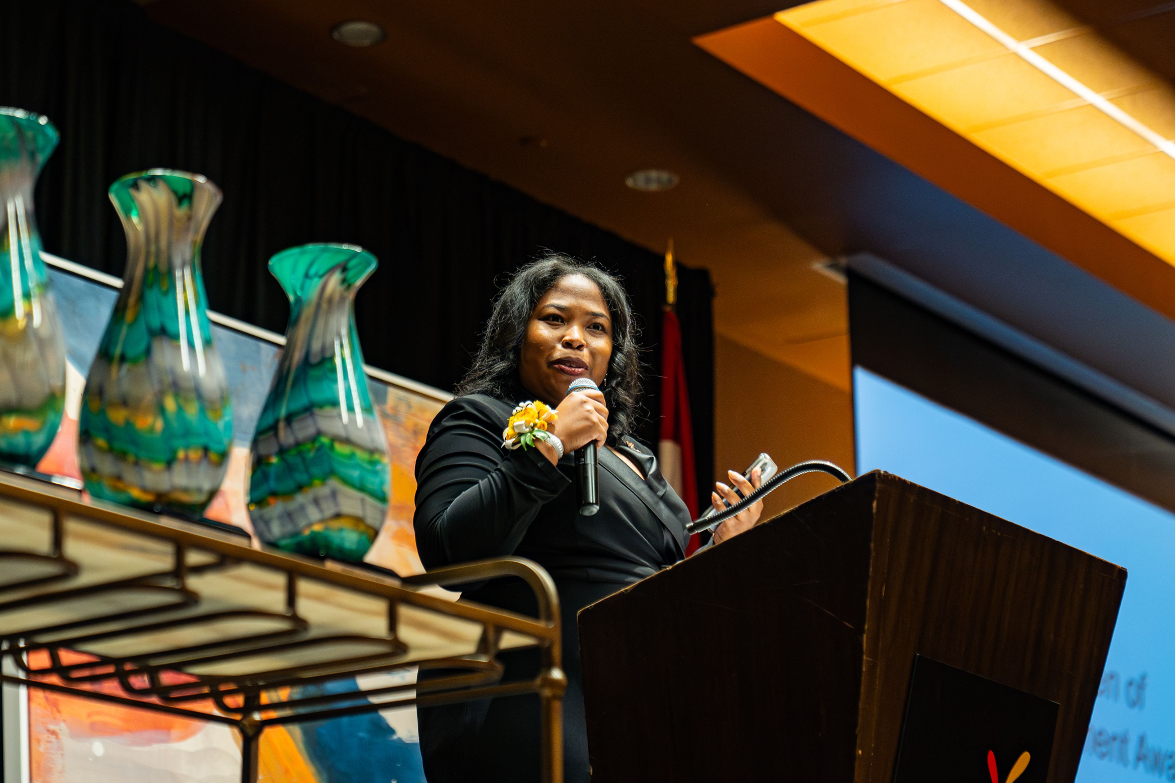 Cross Trails Medical Center's Dr. Kalisha McLendon accepts her Women of Achievement award at the Zonta Club of Cape Girardeau's Women of Achievement luncheon Friday, Nov. 15, at Century Casino Event Center in Cape Girardeau.