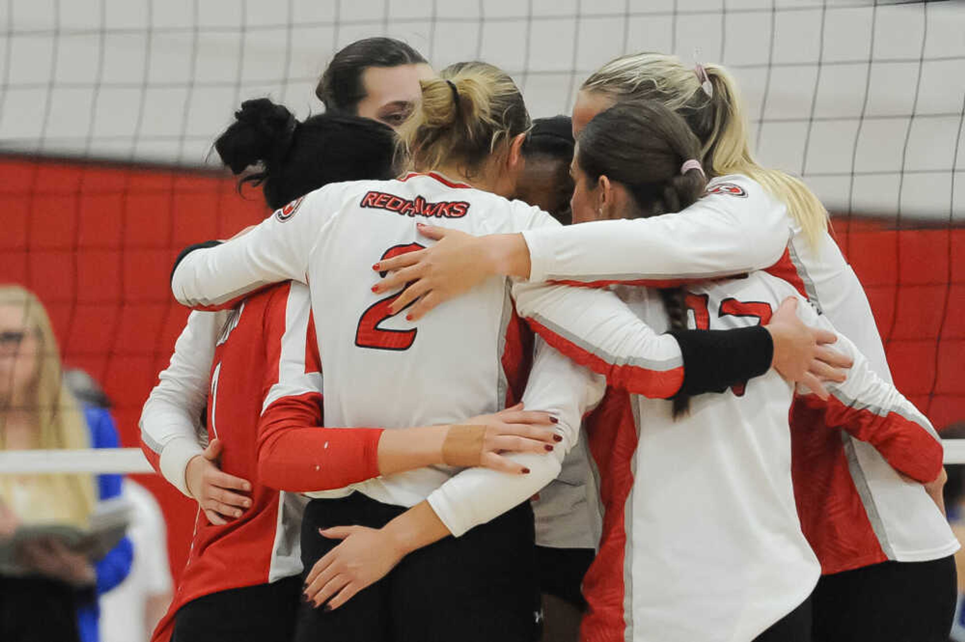 Southeast Missouri State players huddle during an Ohio Valley Conference semifinal game against the Morehead State Eagles on Monday, Nov. 25, at Houck Field House in Cape Girardeau. Morehead State defeated Southeast three sets to one.