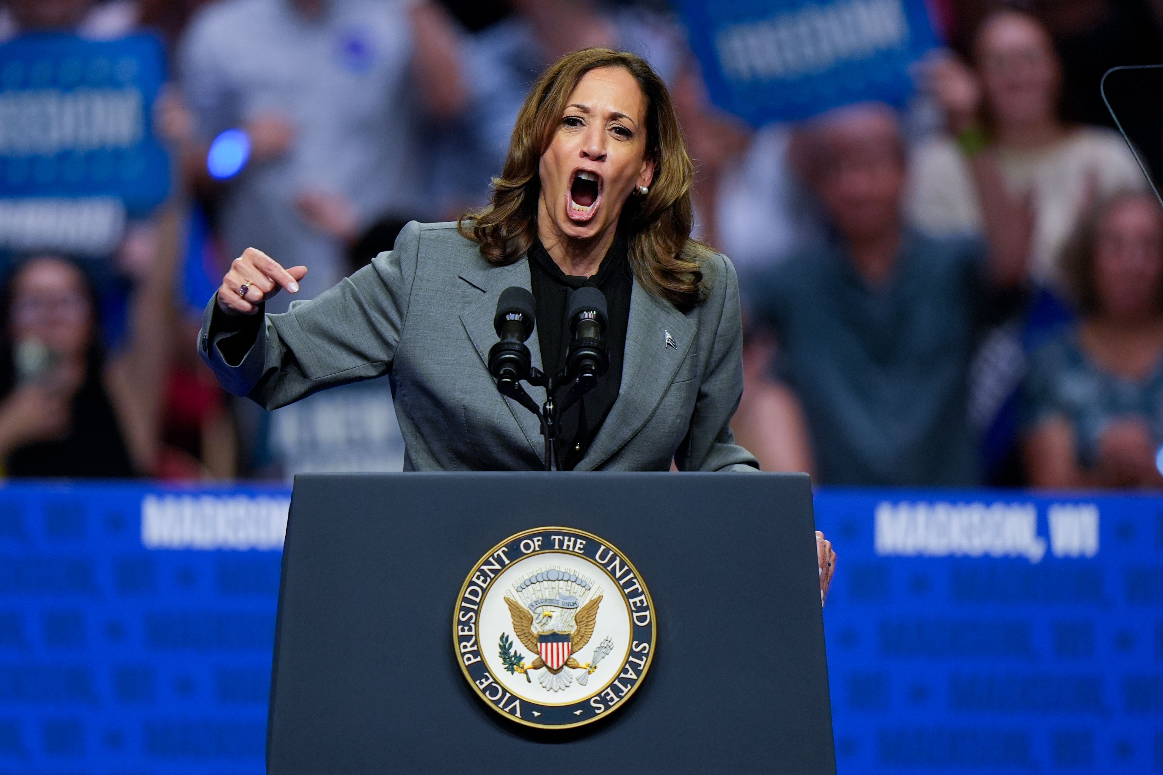 Democratic presidential nominee Vice President Kamala Harris speaks at a campaign event Friday, Sept. 20, 2024, in Madison, Wis. (AP Photo/Morry Gash)