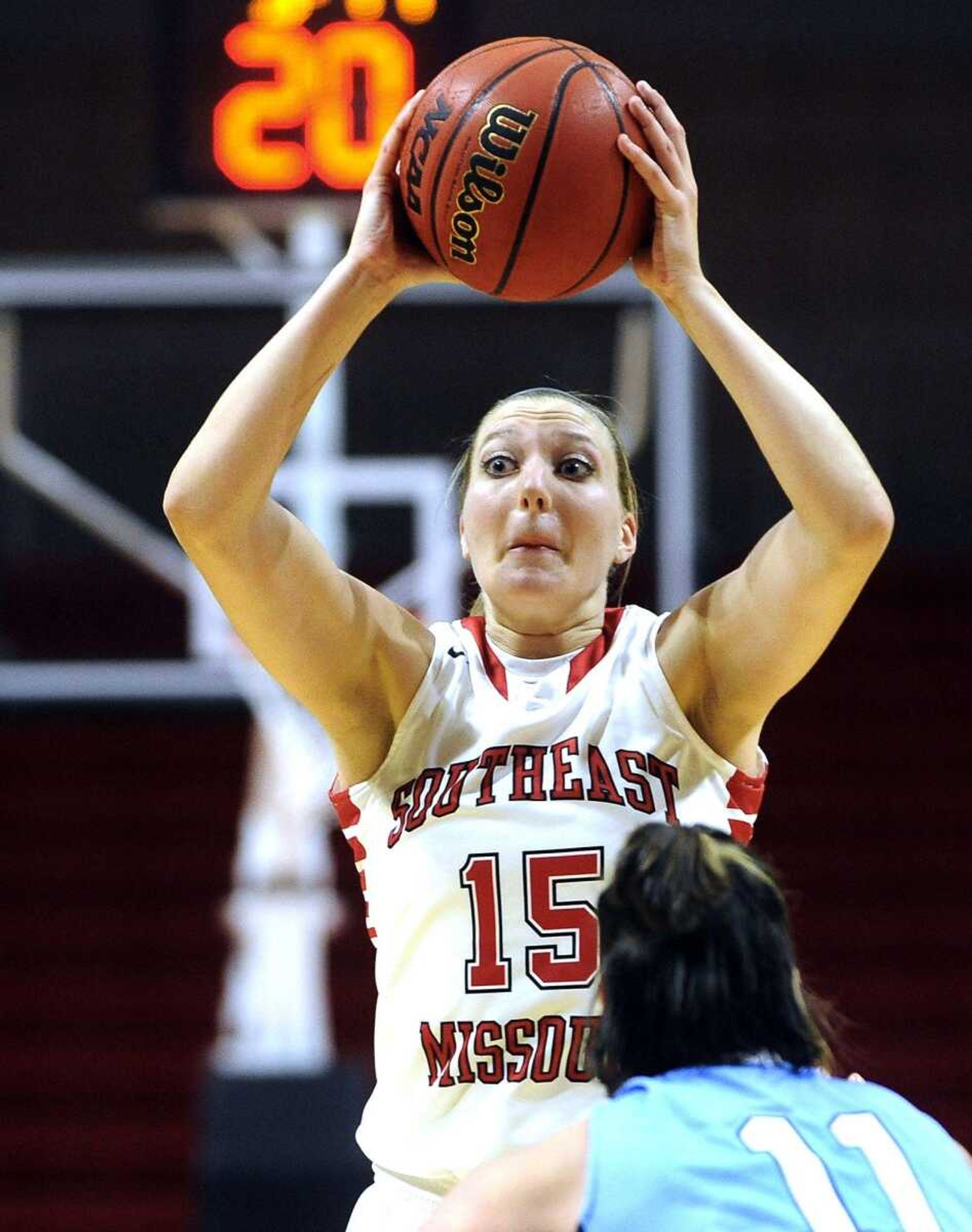 Southeast Missouri State's Kaley Leyhue looks to pass against Oakland City during the third period Sunday, Nov. 1, 2015 at the Show Me Center. (Fred Lynch)