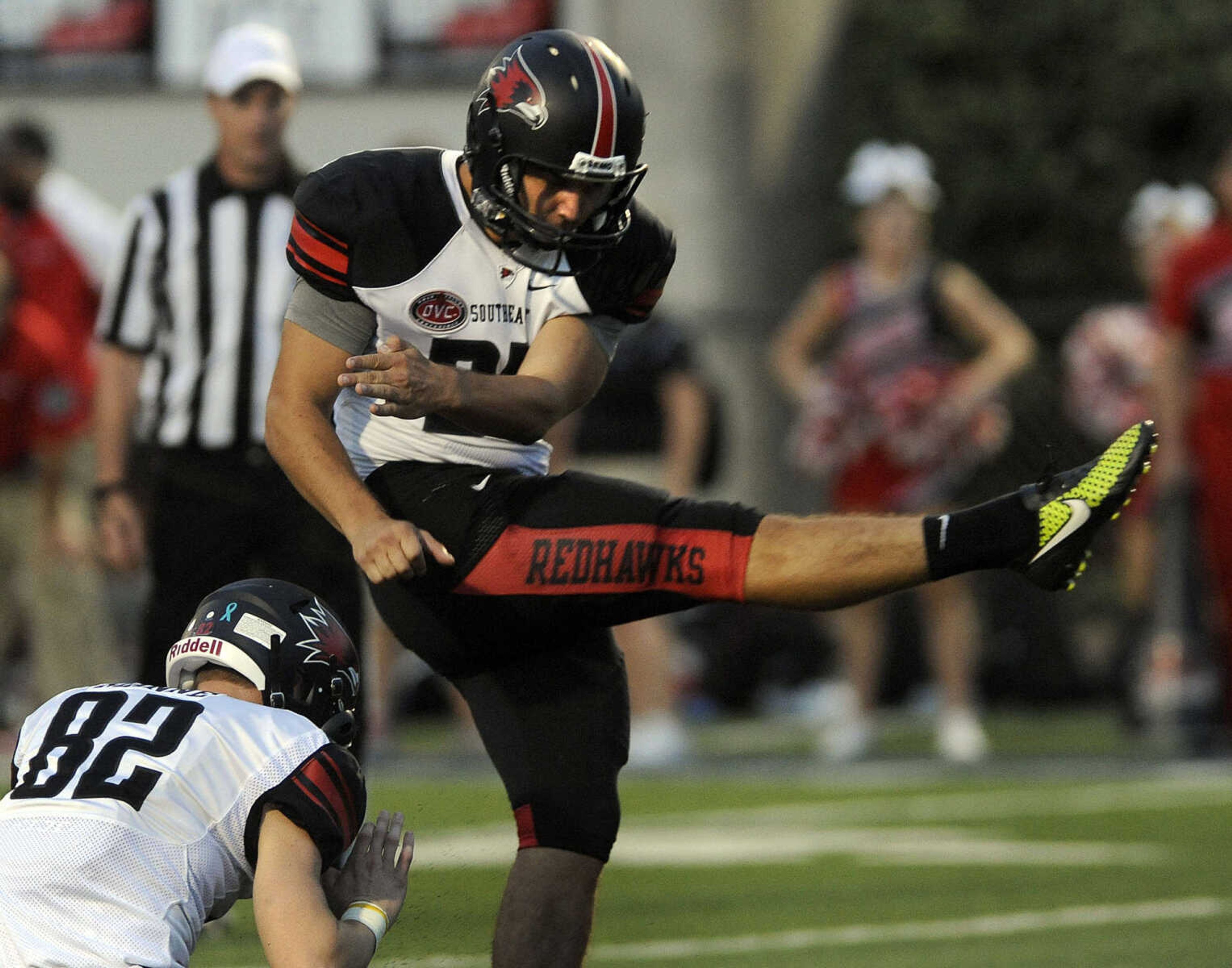 Southeast Missouri State's Ryan McCrum kicks an extra point against UT Martin during a game last season in Martin, Tenn. (Fred Lynch)