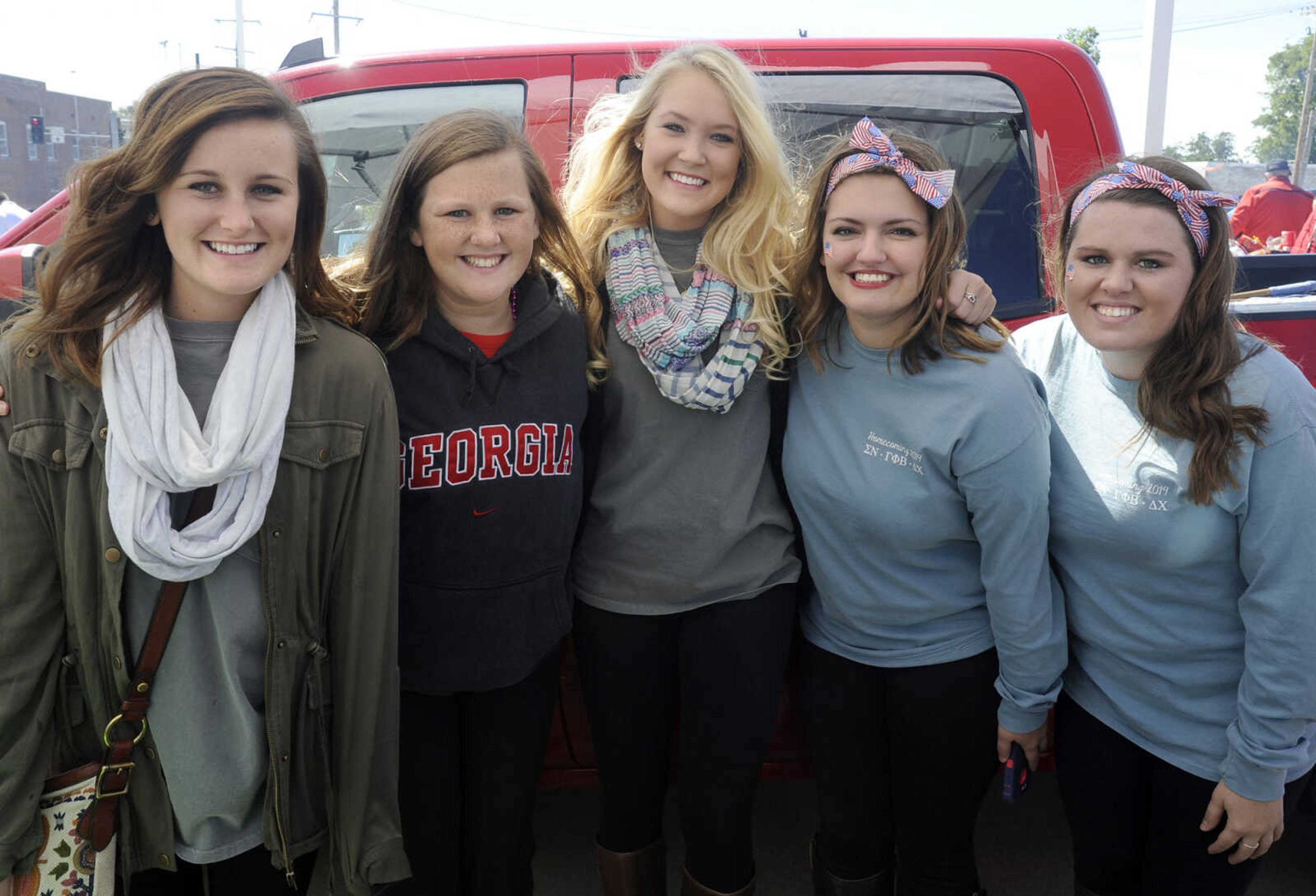 FRED LYNCH ~ flynch@semissourian.com
Alex Huffman, left, Lauren Wilkinson, Ali Swerczek, Abby Tinnin and Emily Wilkinson pose for a photo at a homecoming tailgate for Southeast Missouri State University on Saturday, Oct. 4, 2014 in Cape Girardeau.