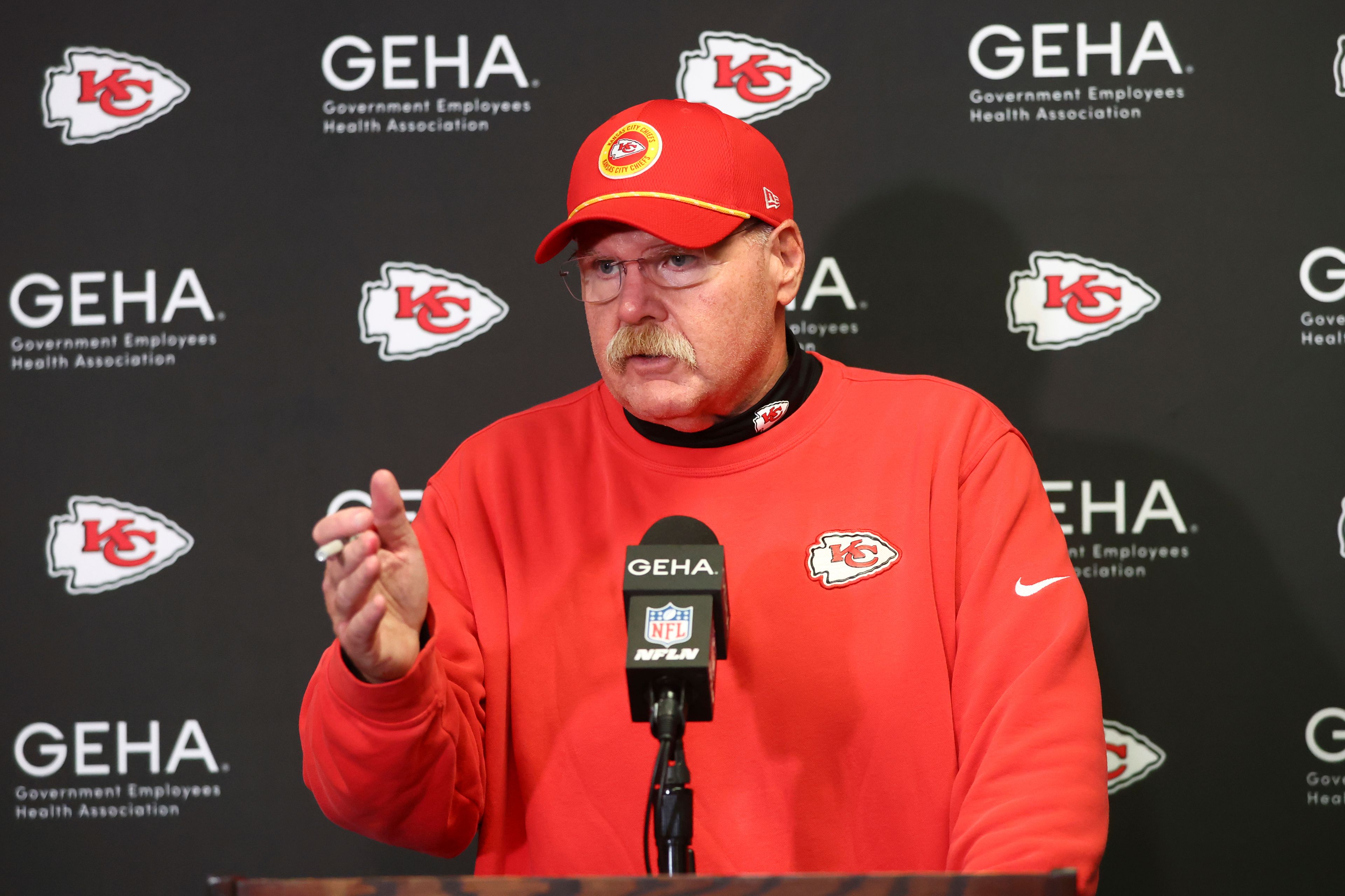 Kansas City Chiefs head coach Andy Reid speaks during a news conference following an NFL football game against the Buffalo Bills Sunday, Nov. 17, 2024, in Orchard Park, N.Y. The Bills won 30-21. (AP Photo/Jeffrey T. Barnes)