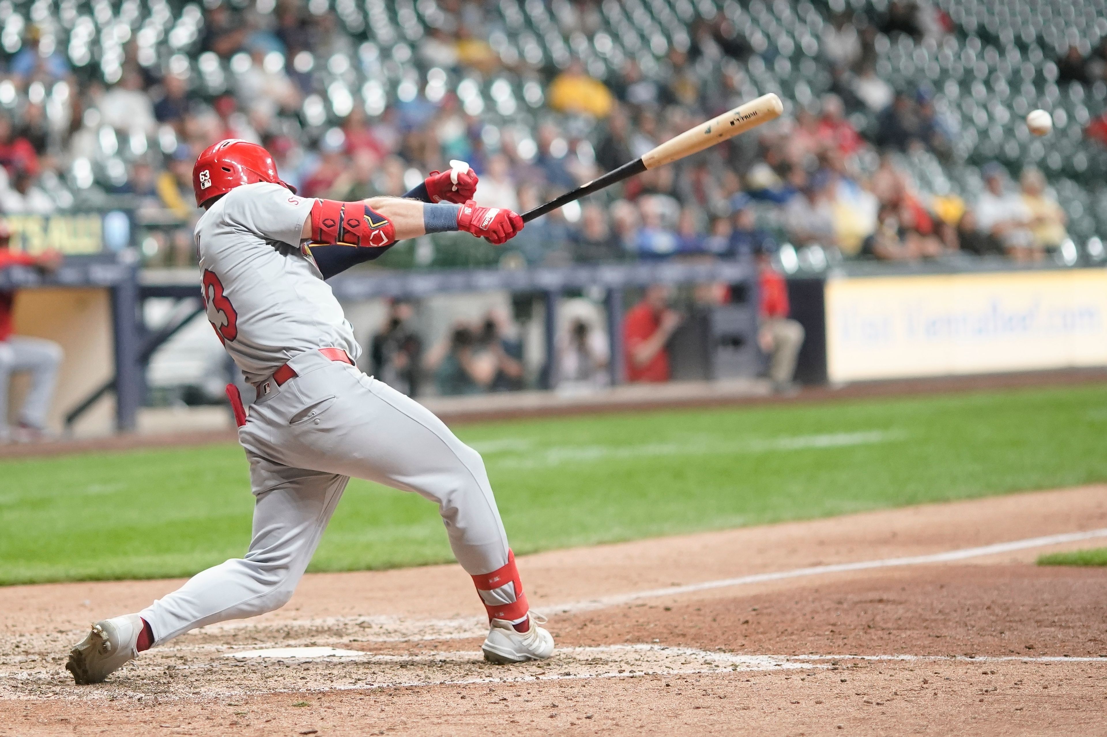 St. Louis Cardinals' Michael Siani hits a two-run scoring single during the 12th inning of a baseball game against the Milwaukee Brewers Tuesday, Sept. 3, 2024, in Milwaukee. (AP Photo/Morry Gash)