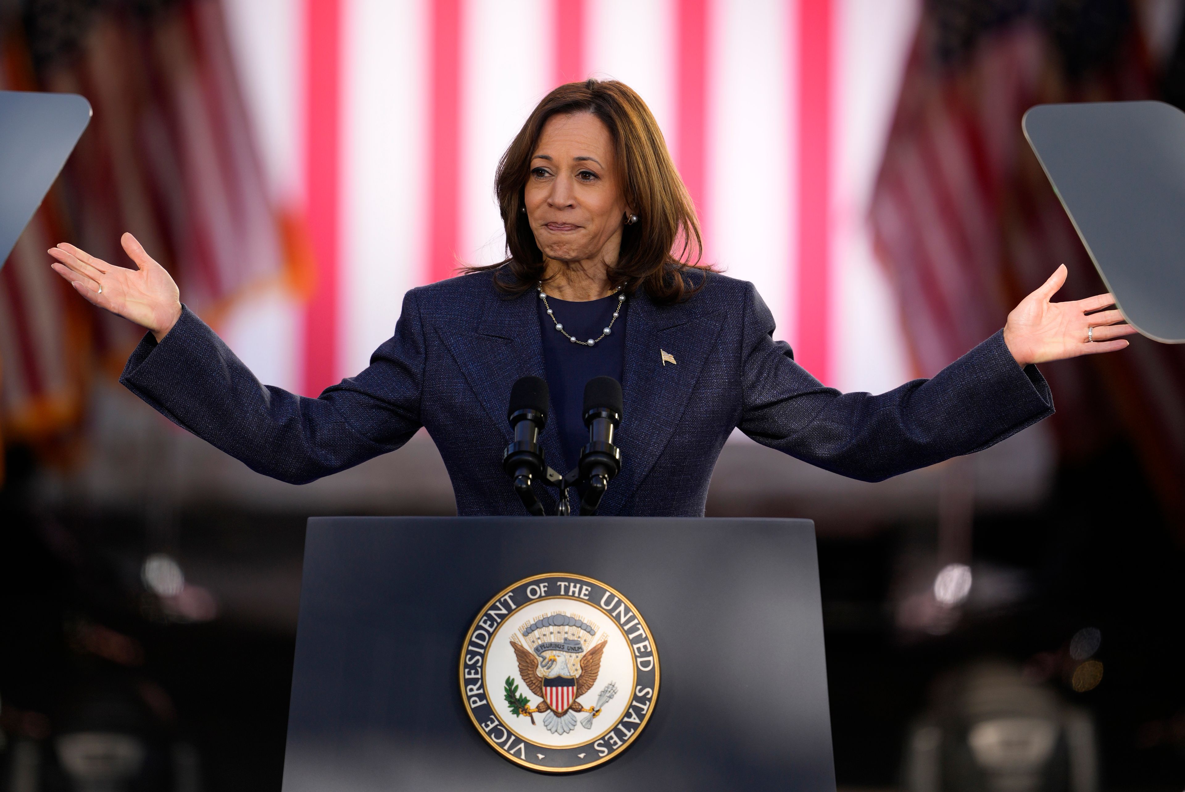 Democratic presidential nominee Vice President Kamala Harris speaks during a campaign event at Washington Crossing Historic Park, Wednesday, Oct. 16, 2024, in Washington Crossing, Pa. (AP Photo/Matt Slocum)