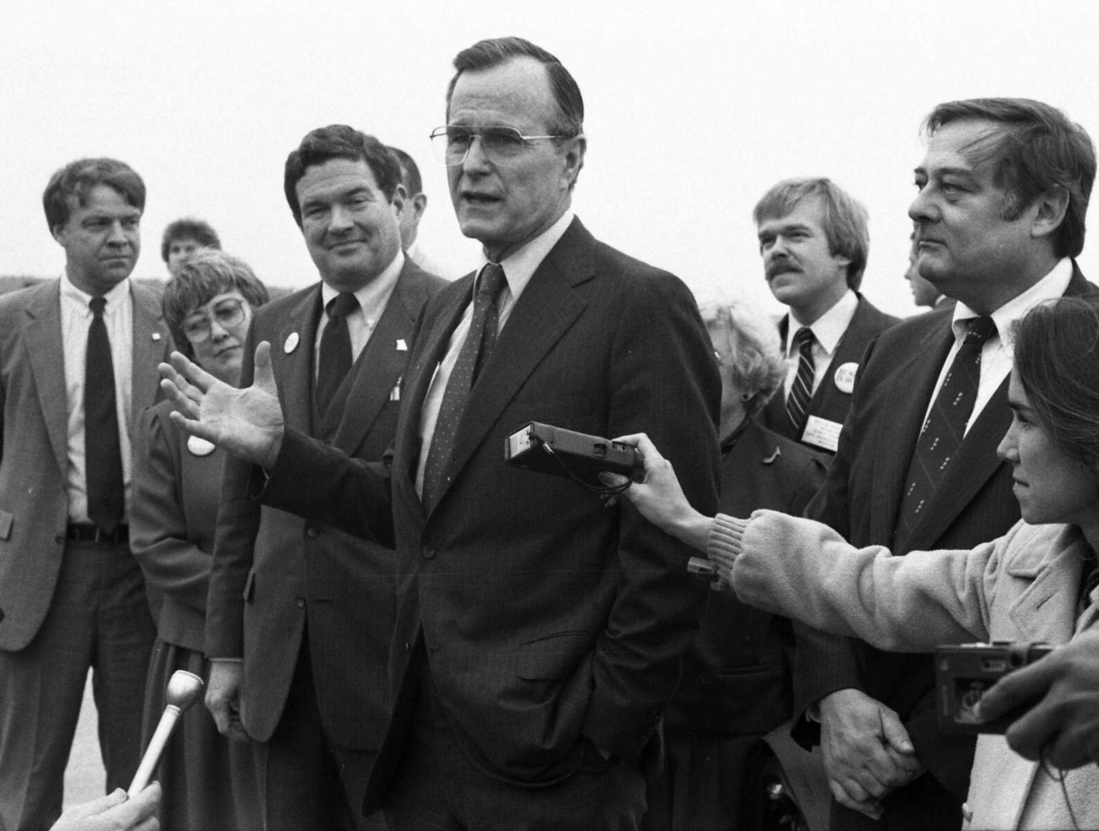 Southeast Missourian archive
Vice President George Bush speaks at the Cape Girardeau Municipal Airport on Sept. 30, 1982. He was accompanied by Missouri Gov. Christopher "Kit" Bond, left, and U.S. Rep. Bill Emerson, right.