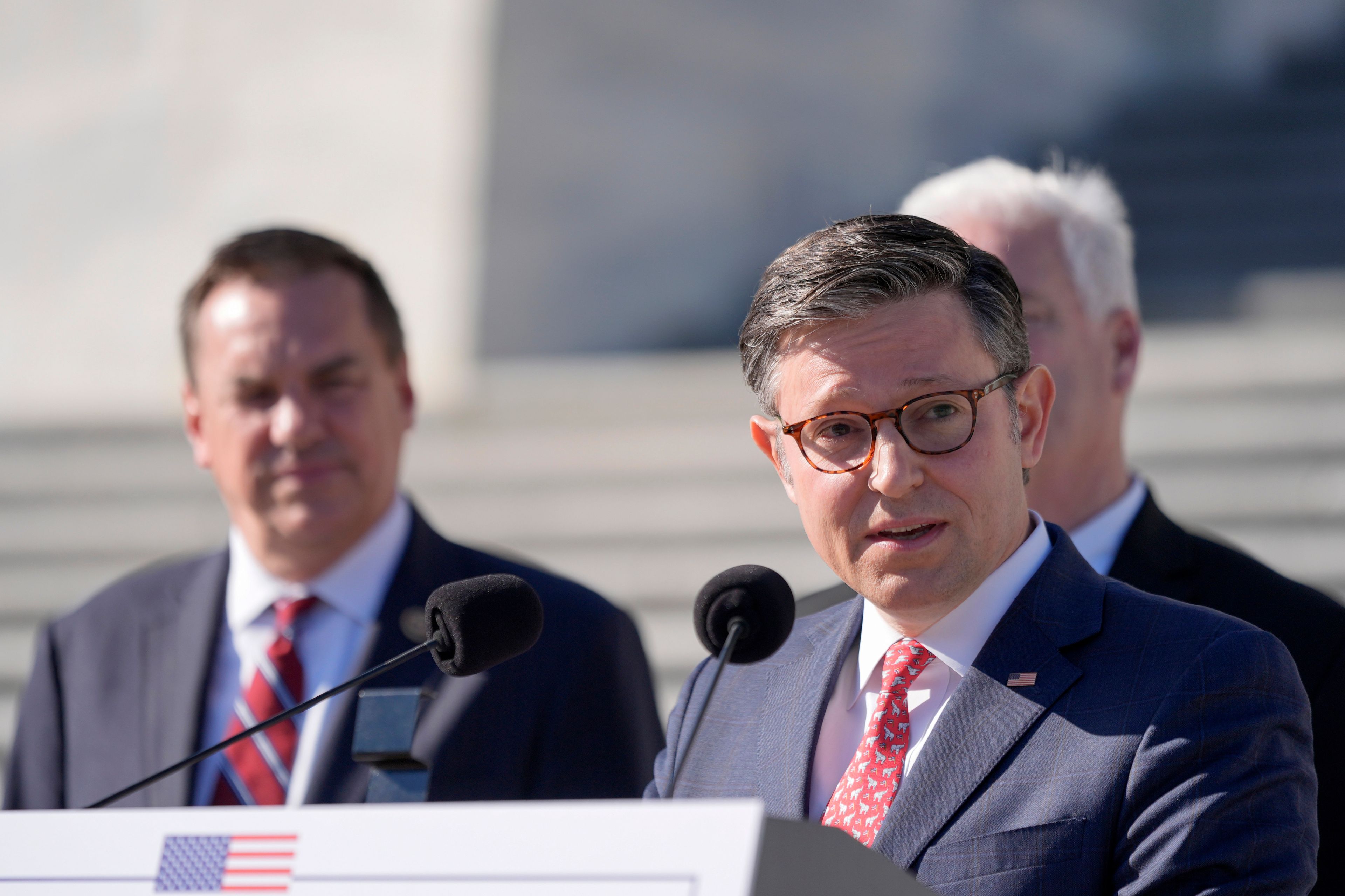 Speaker of the House Mike Johnson, R-La., right, speaks as Chair of the National Republican Congressional Committee Rep. Richard Hudson, R-N.C., left, at a press conference on the steps of the U.S. Capito, Tuesday, Nov. 12, 2024 in Washington. (AP Photo/Mariam Zuhaib)