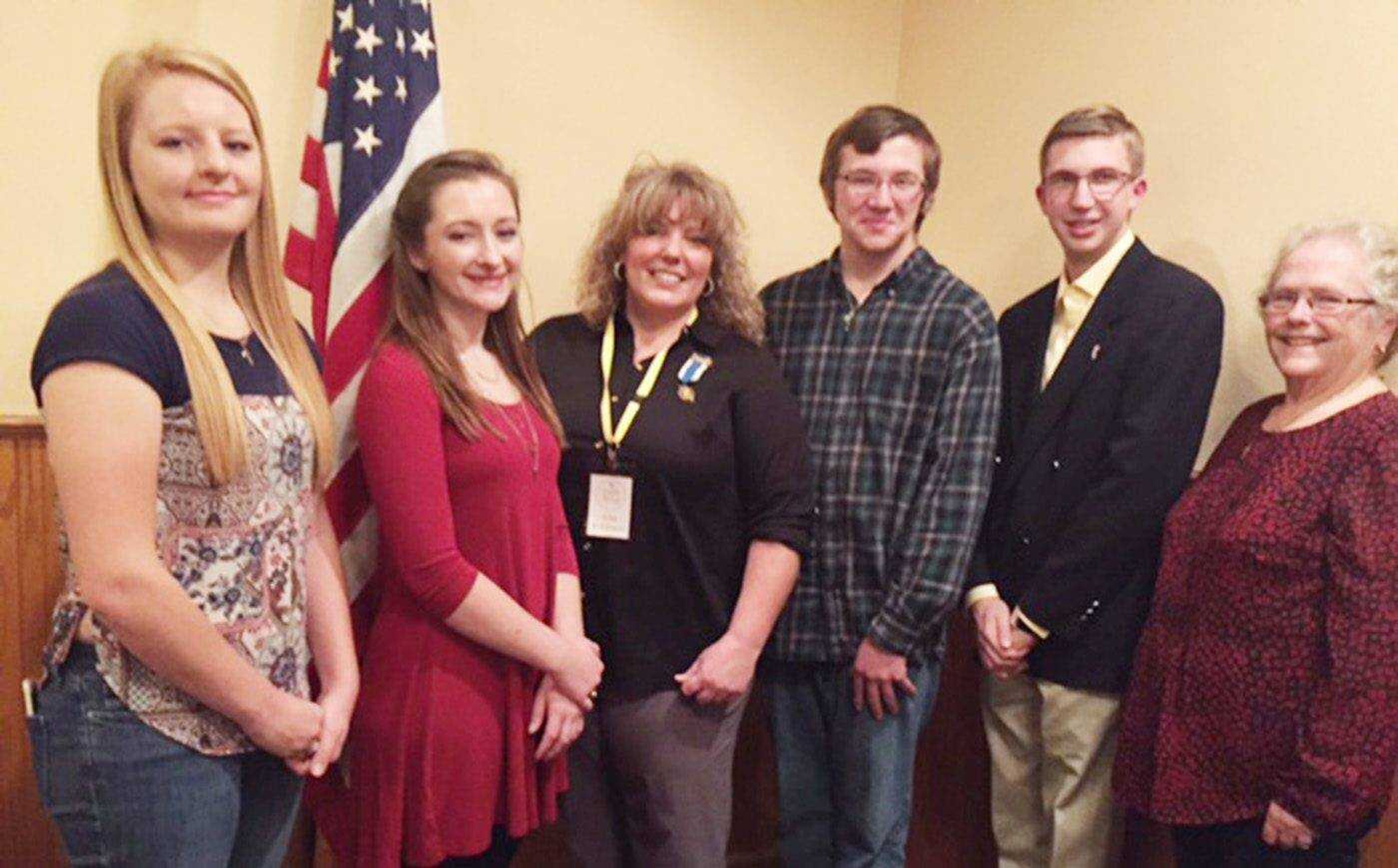 Pictured (from left): Brittney Marshall, Meadow Heights School; Rachael Koehler, Saxony Lutheran High School; Chapter Regent Julie Robinson; Clayton Hester, Woodland High School; Jared Koehler, Jackson High School and Adelaide Parsons, chapter chairman of the Good Citizen Committee.