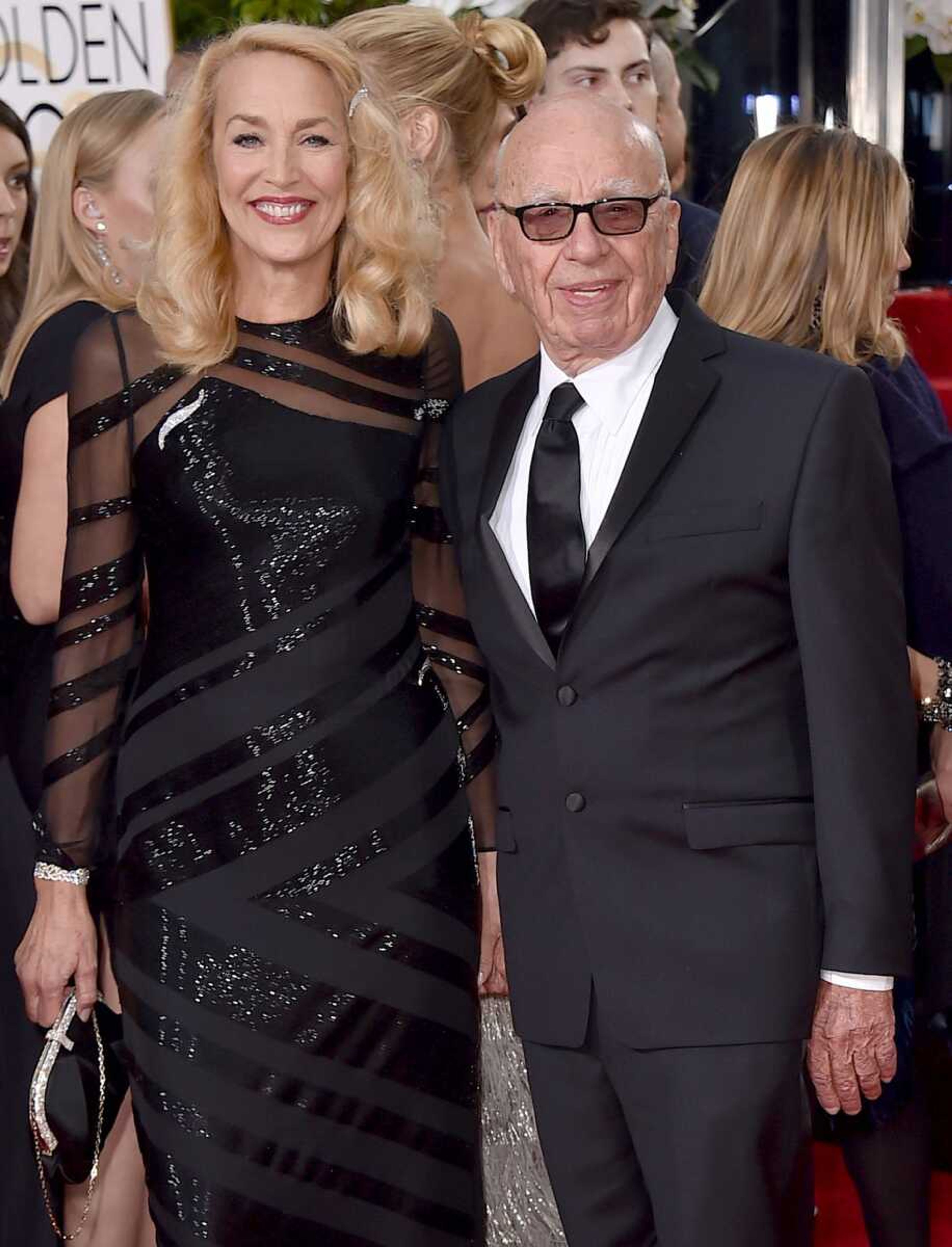 Jerry Hall, left, and Rupert Murdoch arrive Sunday at the Golden Globe Awards in Beverly Hills, California. (Jordan Strauss ~ Invision/AP)